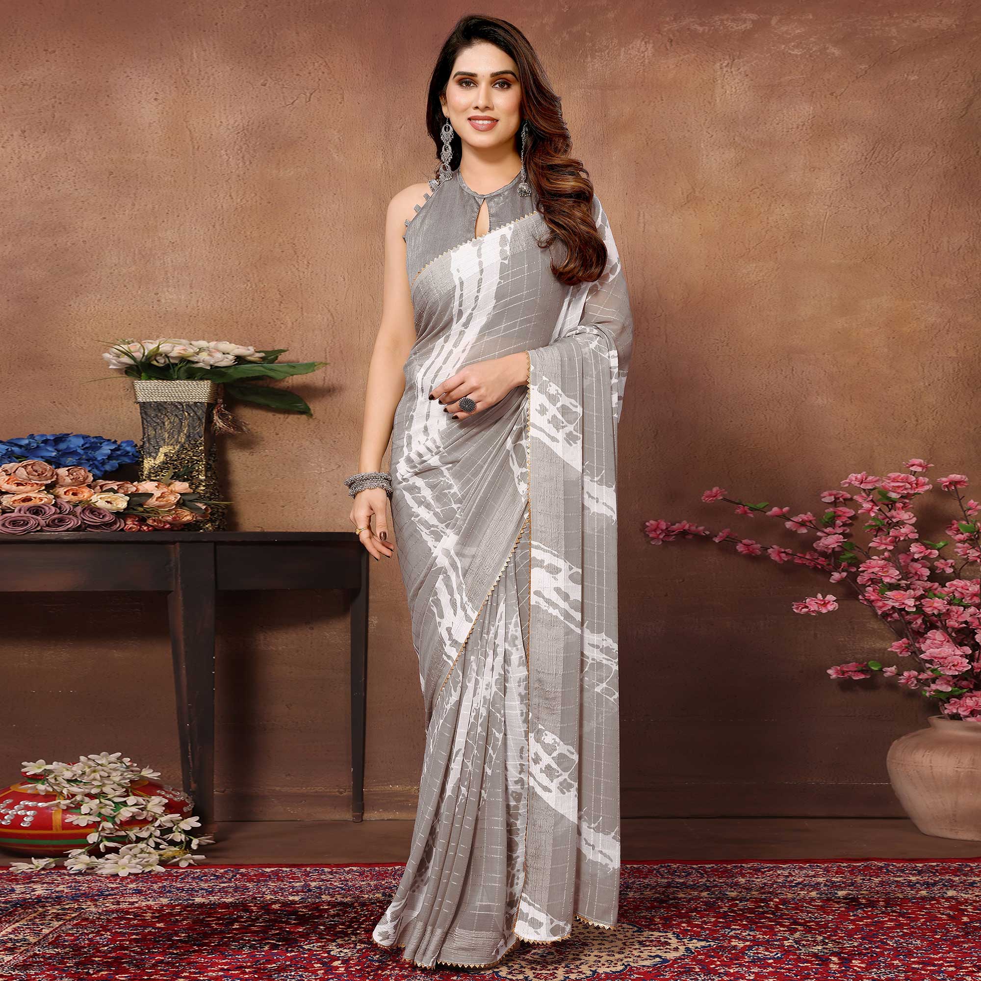 Peachmode Seller Light Grey Woven With Printed Ready To Wear Georgette Saree - view 2