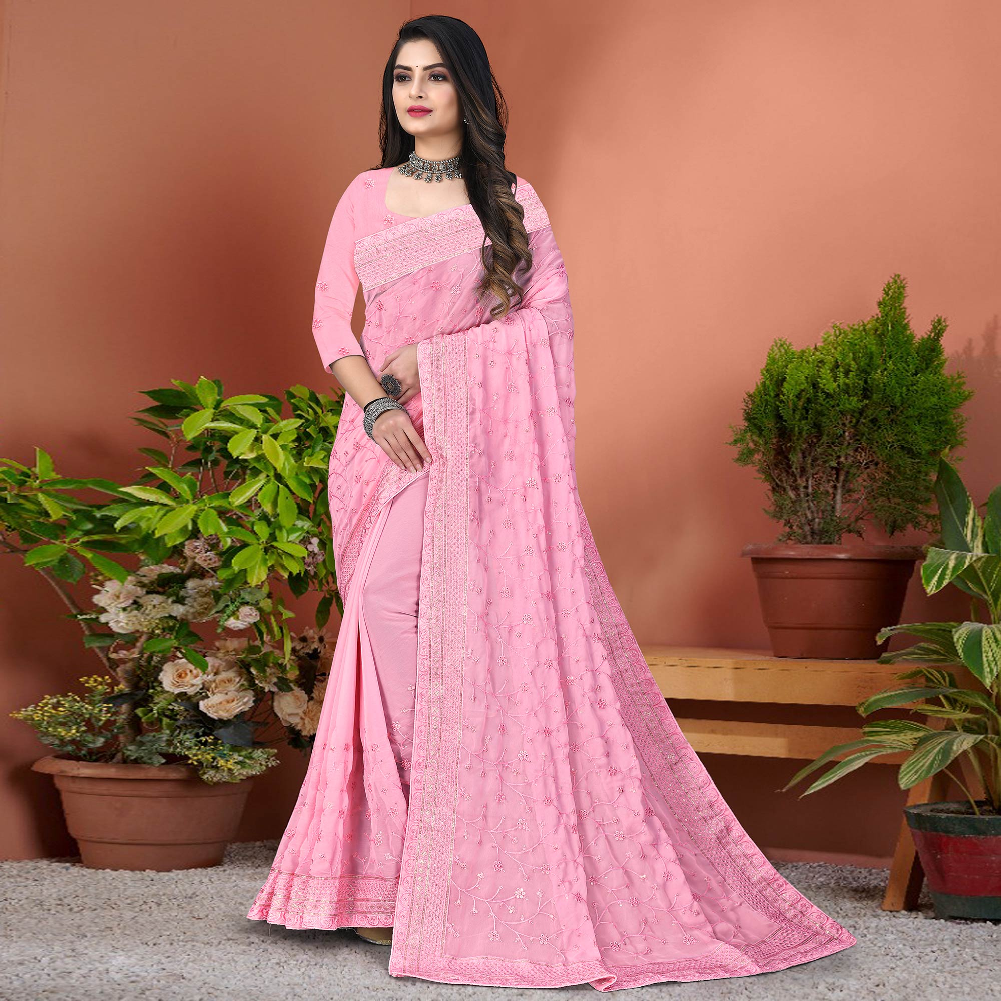 Peachmode Light Pink Floral Sequins Embroidered Georgette Saree - view 2