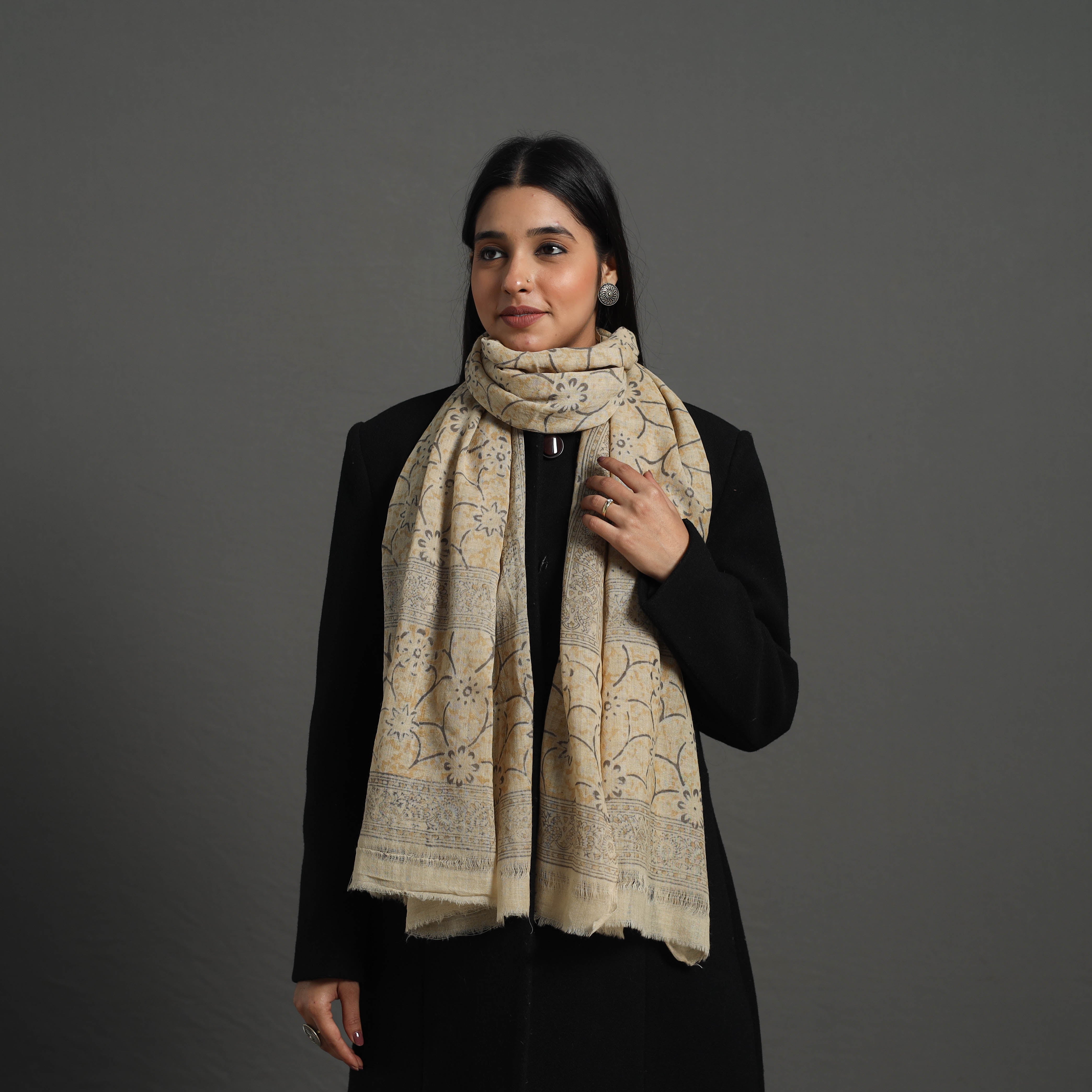 PITCHUKA SRINIVAS KALAMKARI PEDANA Beige - Block Print Pedana Kalamkari Wool Stole 41