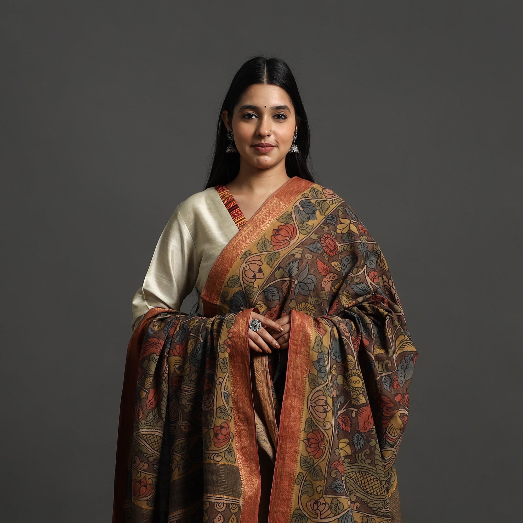 SOUTH KARGHA Brown - Mangalagiri Cotton Handpainted Pen Work Kalamkari Dupatta 13 - view 3
