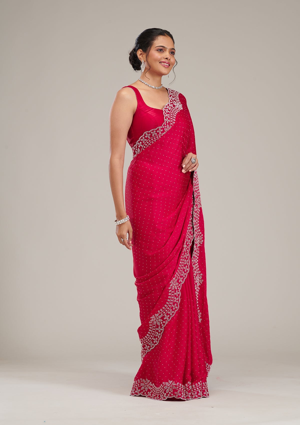 Koskii Rani Pink Swarovski Satin Saree – Women's - view 5
