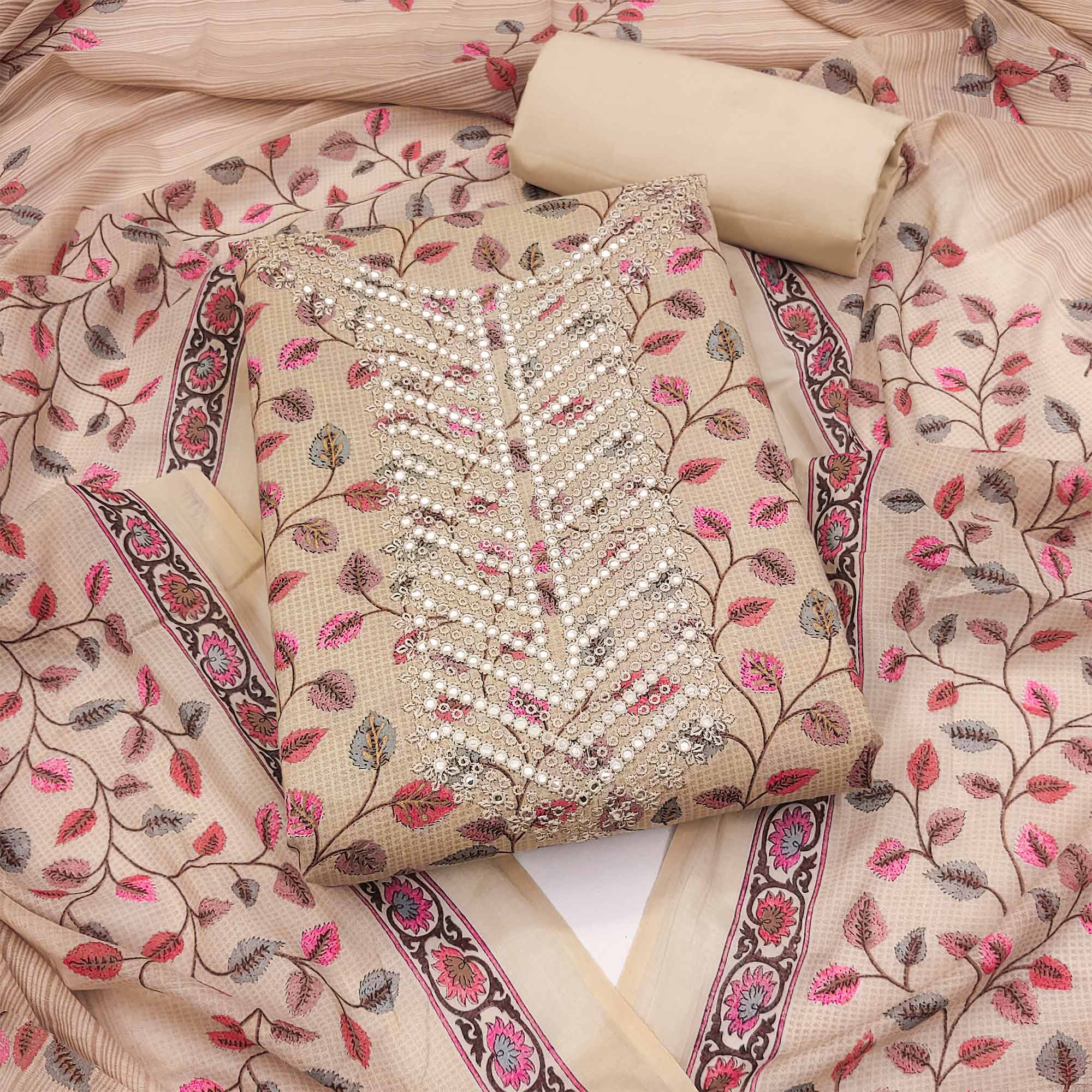 Peachmode Chikoo Floral Printed-Mirror Work Pure Cotton Dress Material