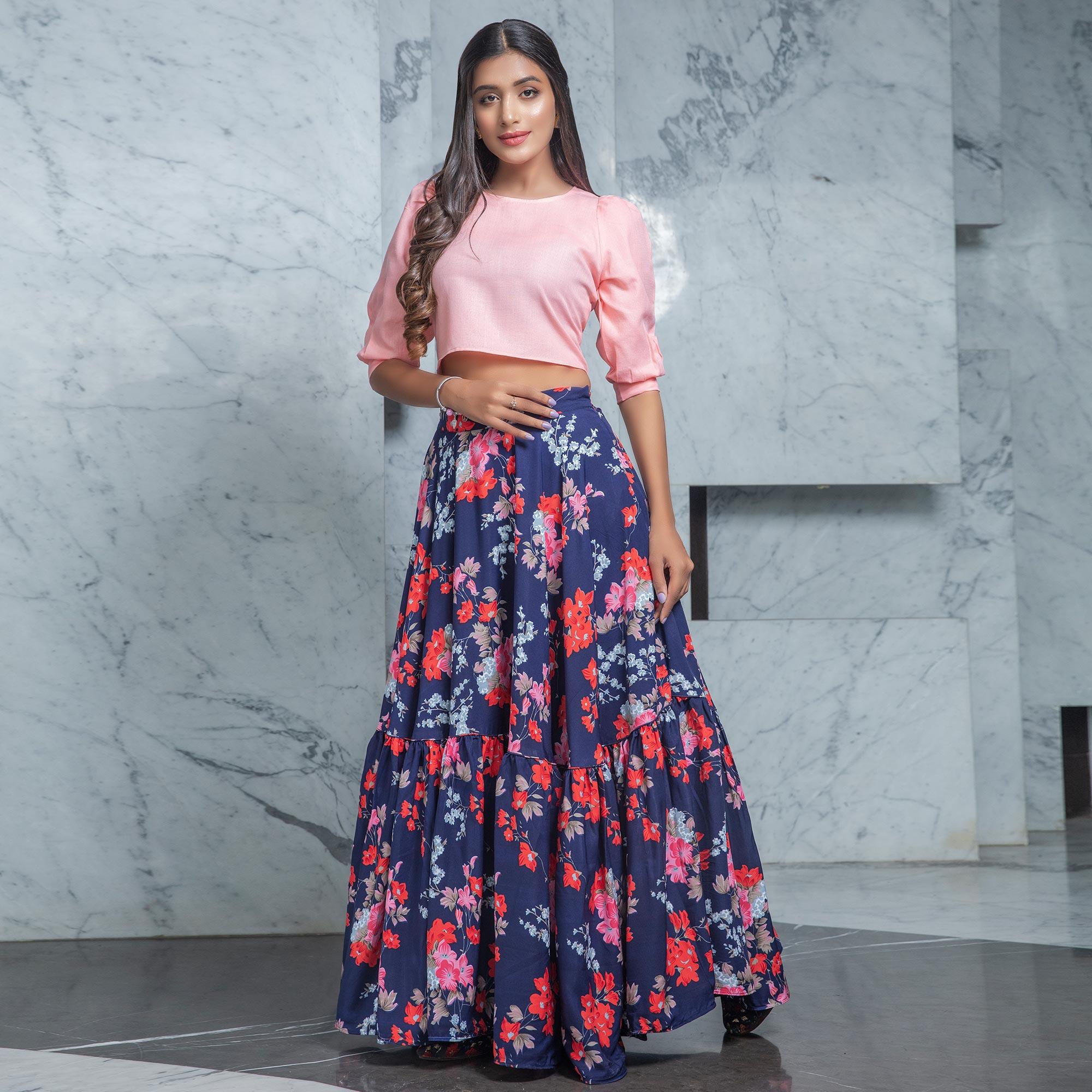 Peachmode Seller Mesmerising Pink - Navy Blue Colored Partywear Printed Cotton Top-Skirt Set