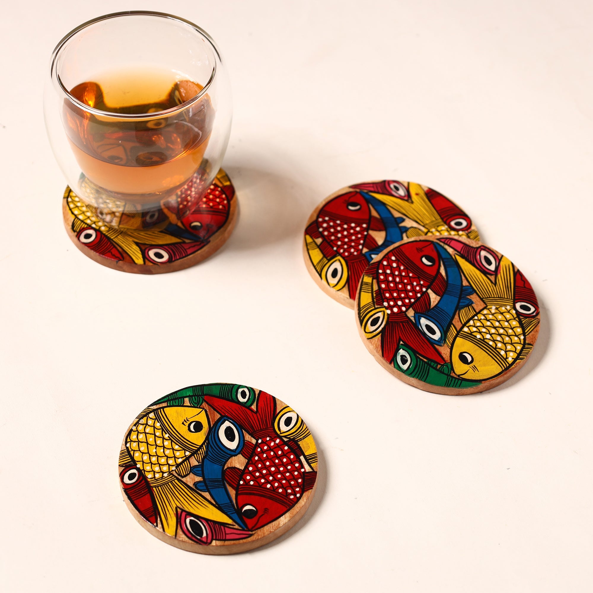 ITOKRI CRAFTS INITIATIVE Bengal Patua Handpainted Akashmoni Wooden Coasters (Set of 4) 13