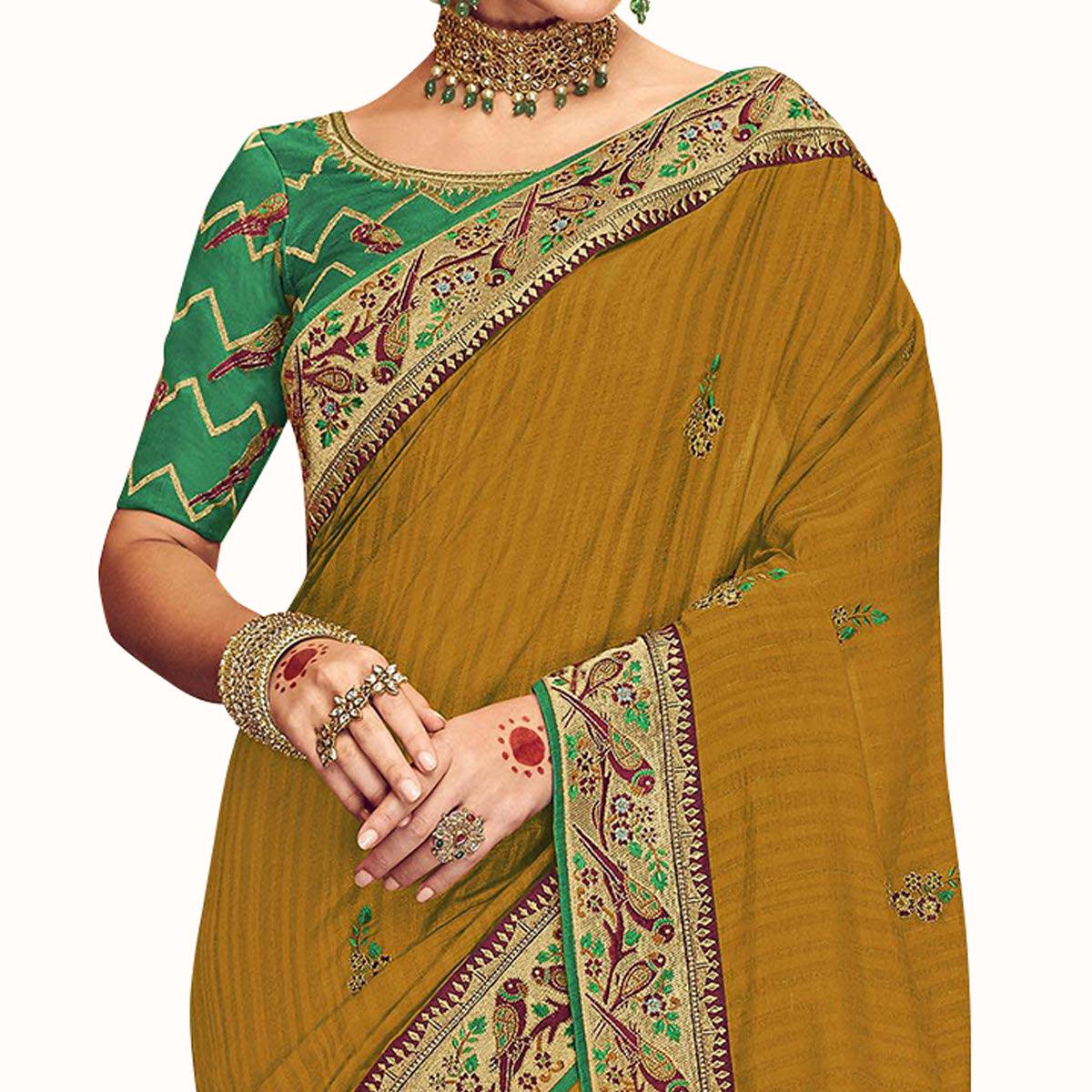 Peachmode Ideal Mustard Yellow Colored Partywear Embroidered Georgette Saree - view 2