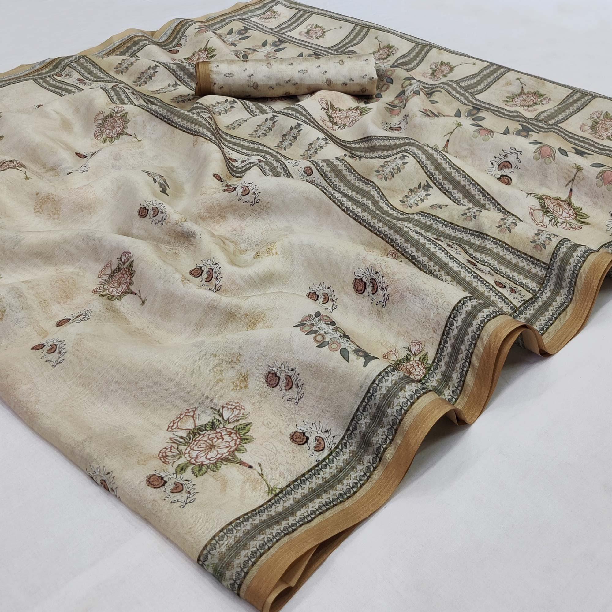 Peachmode Cream Floral Printed Pure Cotton Saree