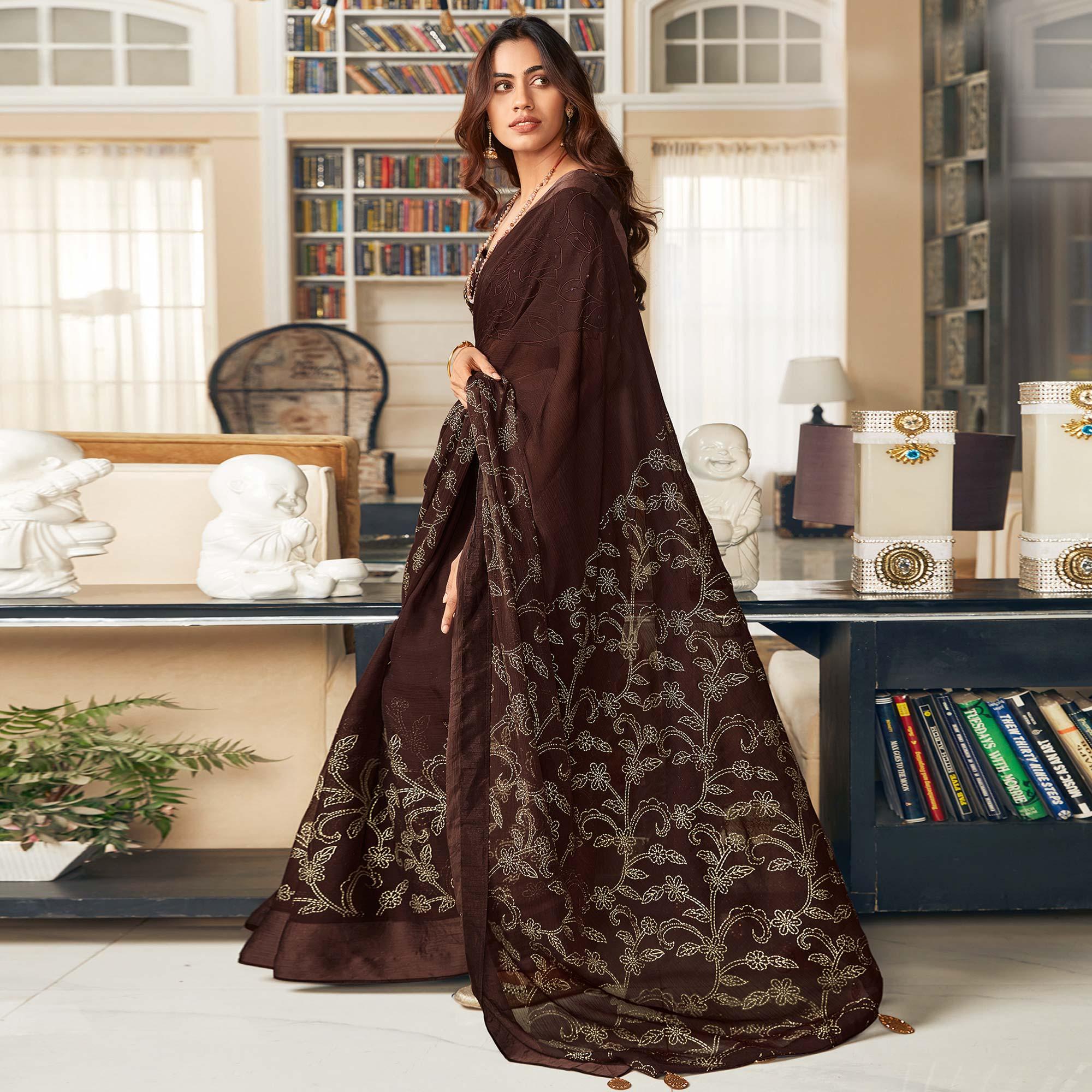 Peachmode Coffee Printed Art Silk Saree With Tassels
