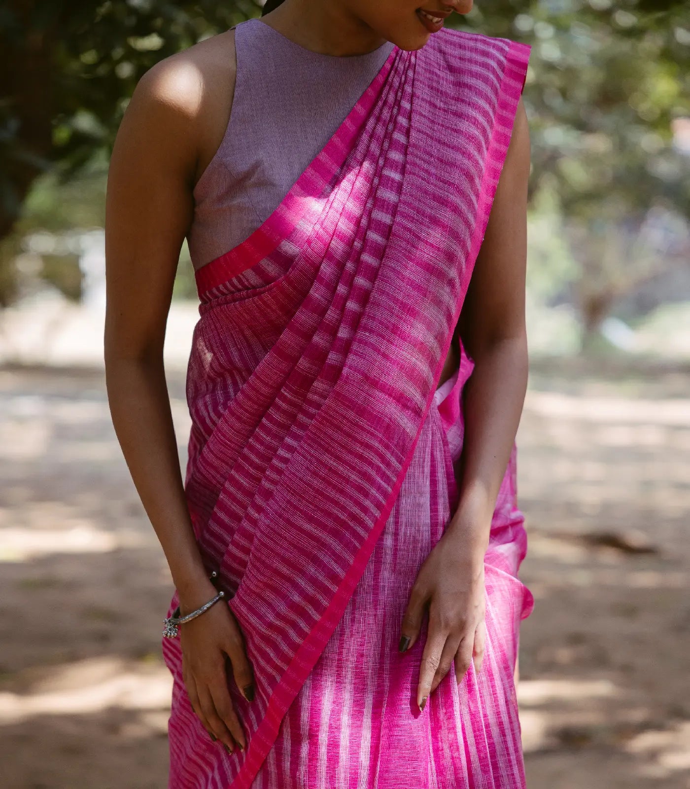 RmKV Pink Handloom Linen Saree With Stripes – Women's - view 2
