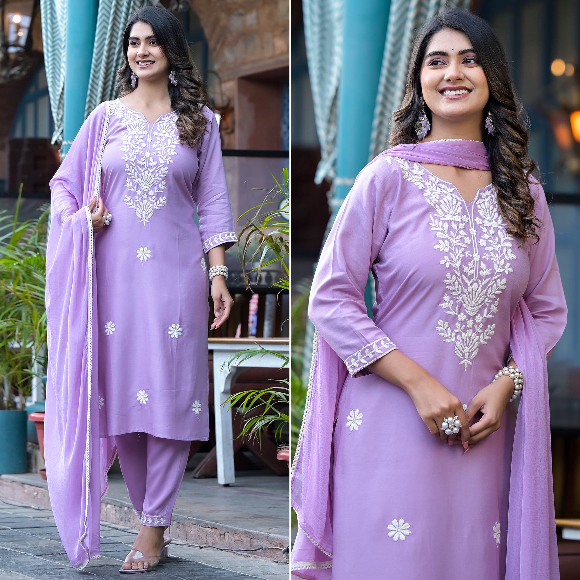 Peachmode Lavender Lucknowi Embroidered Rayon Salwar Suit