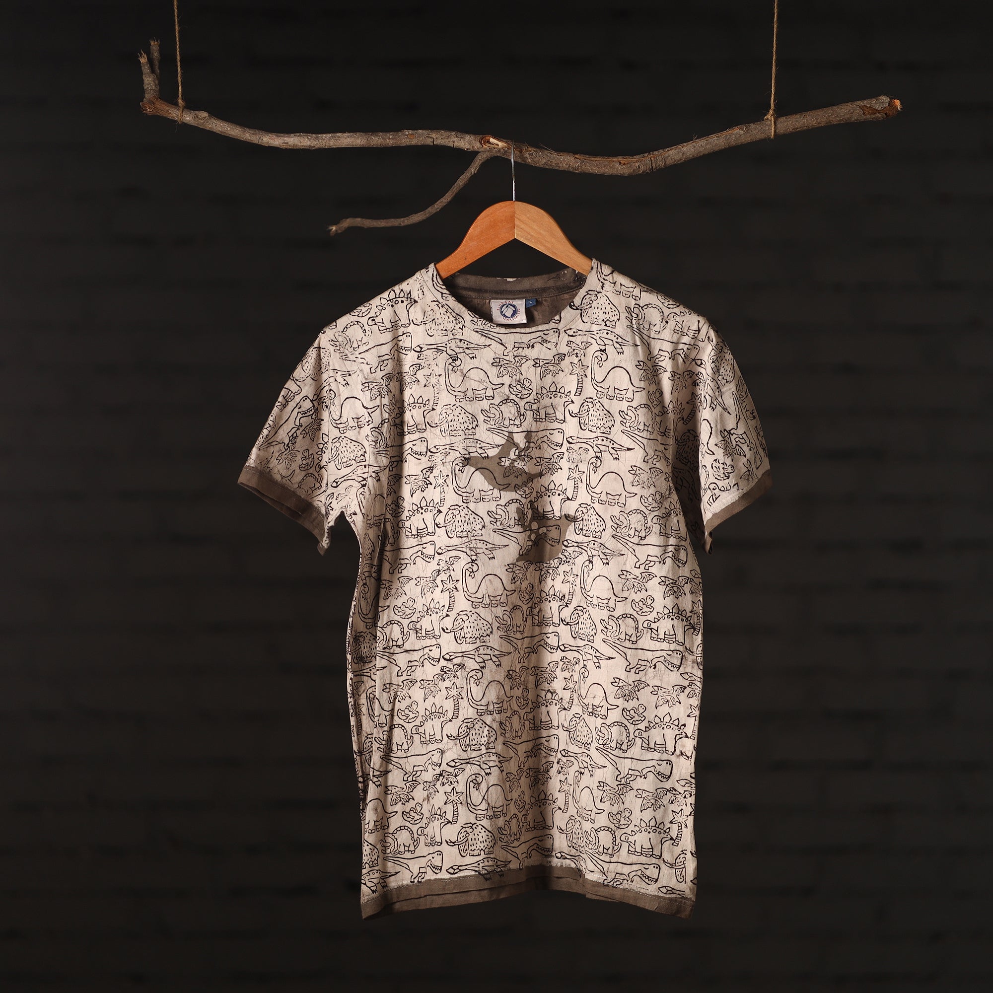 BINDAAS UNLIMITED Beige - Brown - Bindaas Natural Dyed Art Block Print Round Neck T-shirt in Pure Cotton