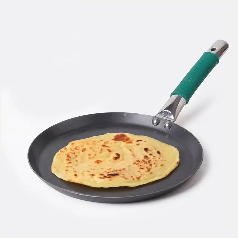 Ironklad 100 pure – The Indus Valley Ironklad 100% Pure Sheet Iron Tawa, Steel Cool Touch Handle & Silicone Grip, Pre-seasoned, Toxin-free, Induction, 26 cm, 1 Kg