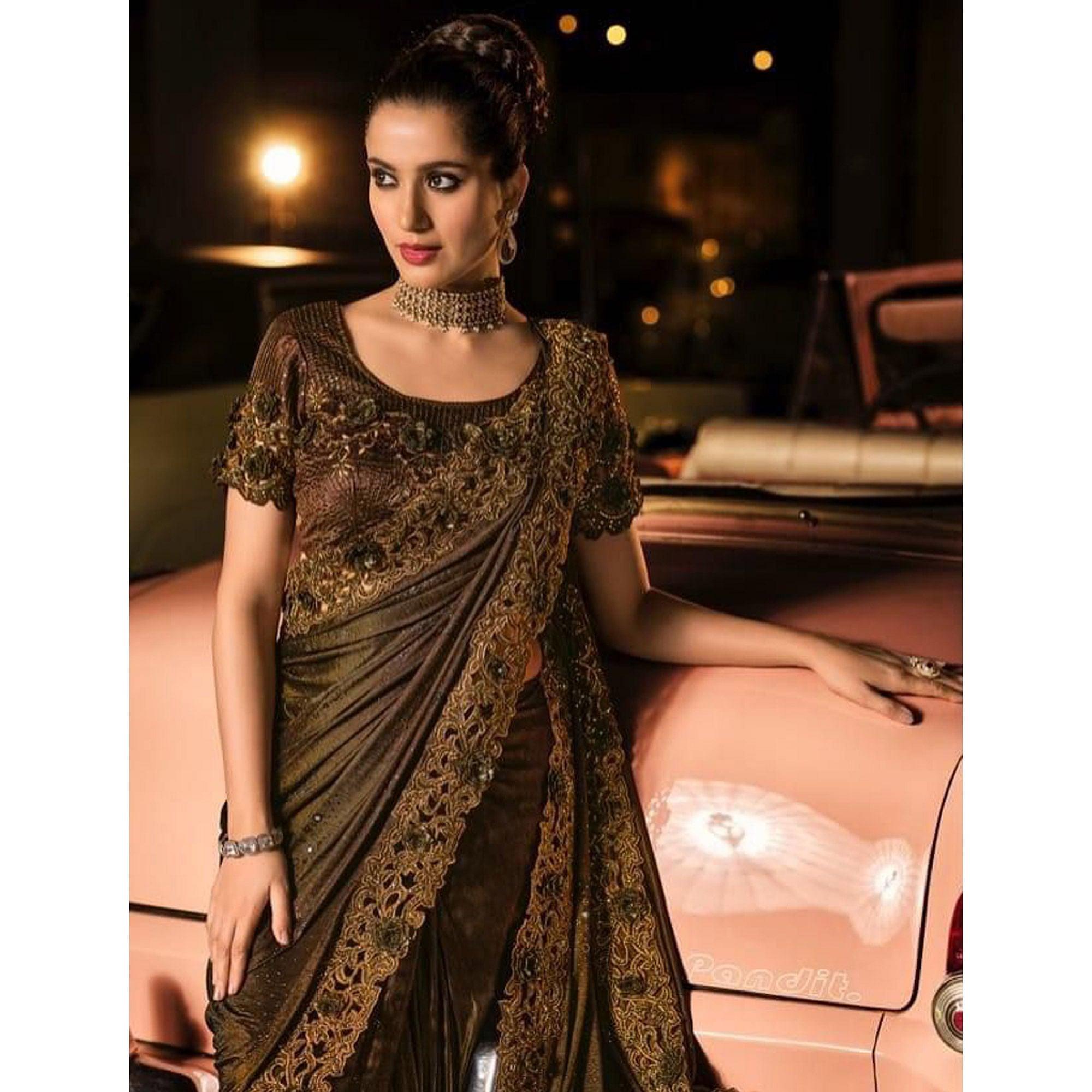 Peachmode Brown Partywear Embroidered Embellished Mirror Work Net Saree - view 3