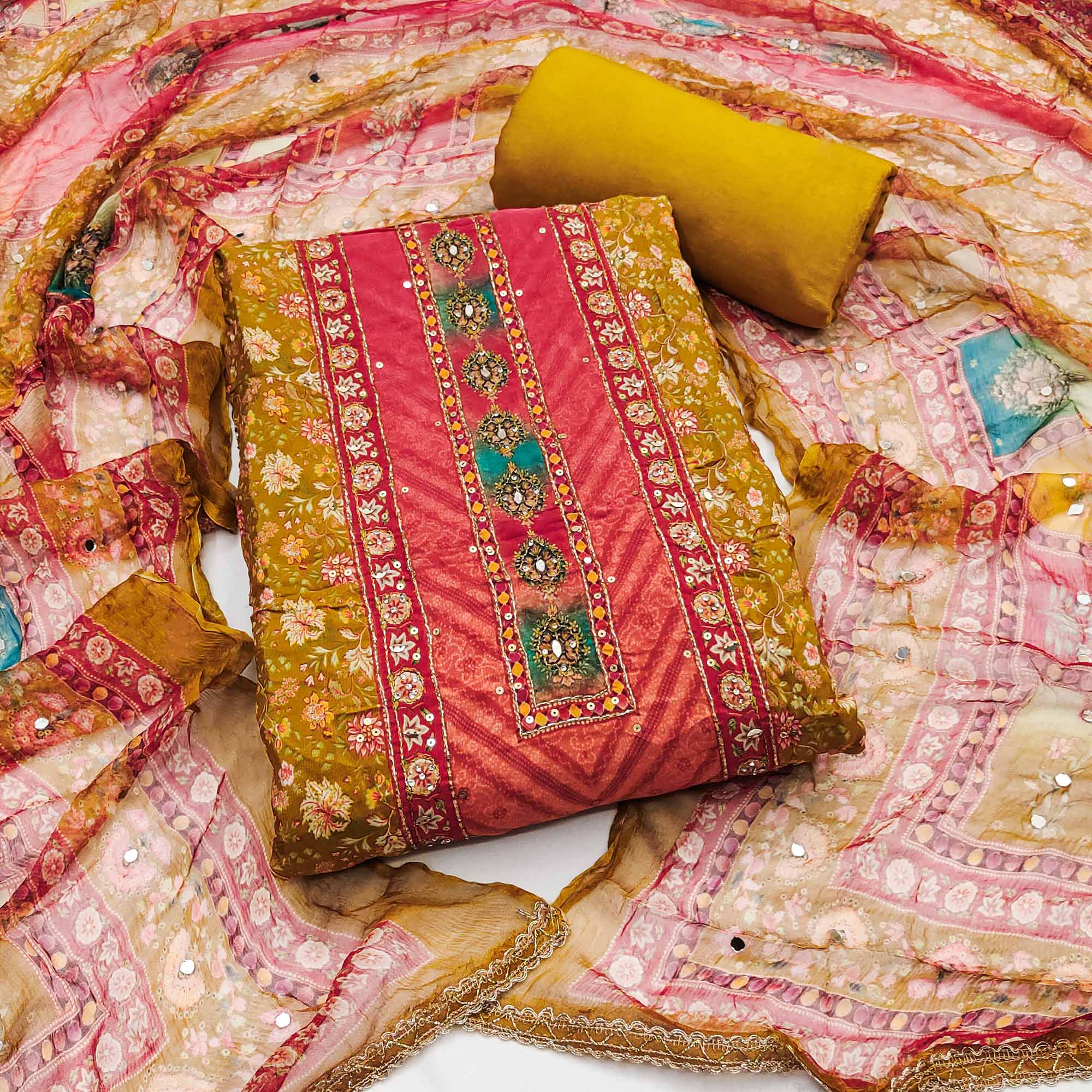 Peachmode Mustard Embroidered With Printed Work Muslin Dress Material