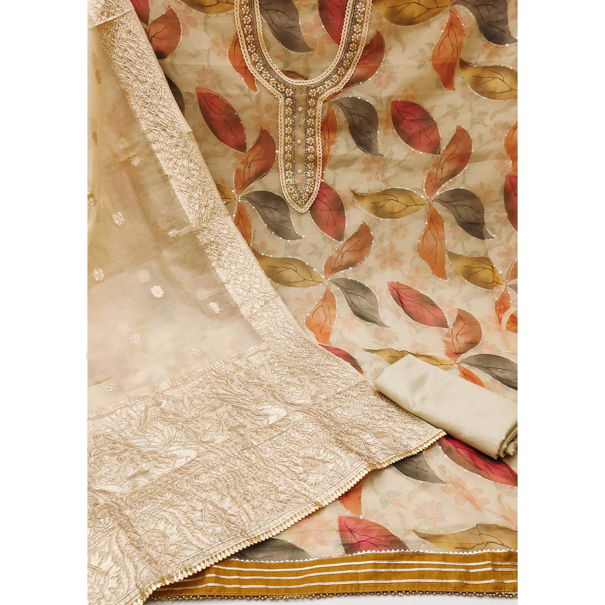 Peachmode Chikoo Digital Printed With Handwork Organza Dress Material - view 3