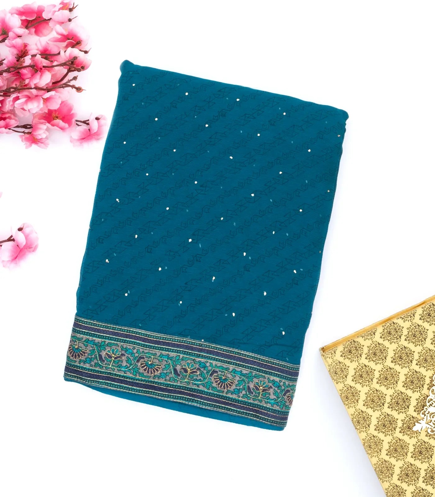 RmKV Blue Handwoven Banarasi Georgette Silk Saree With Embroidered Floral Motifs