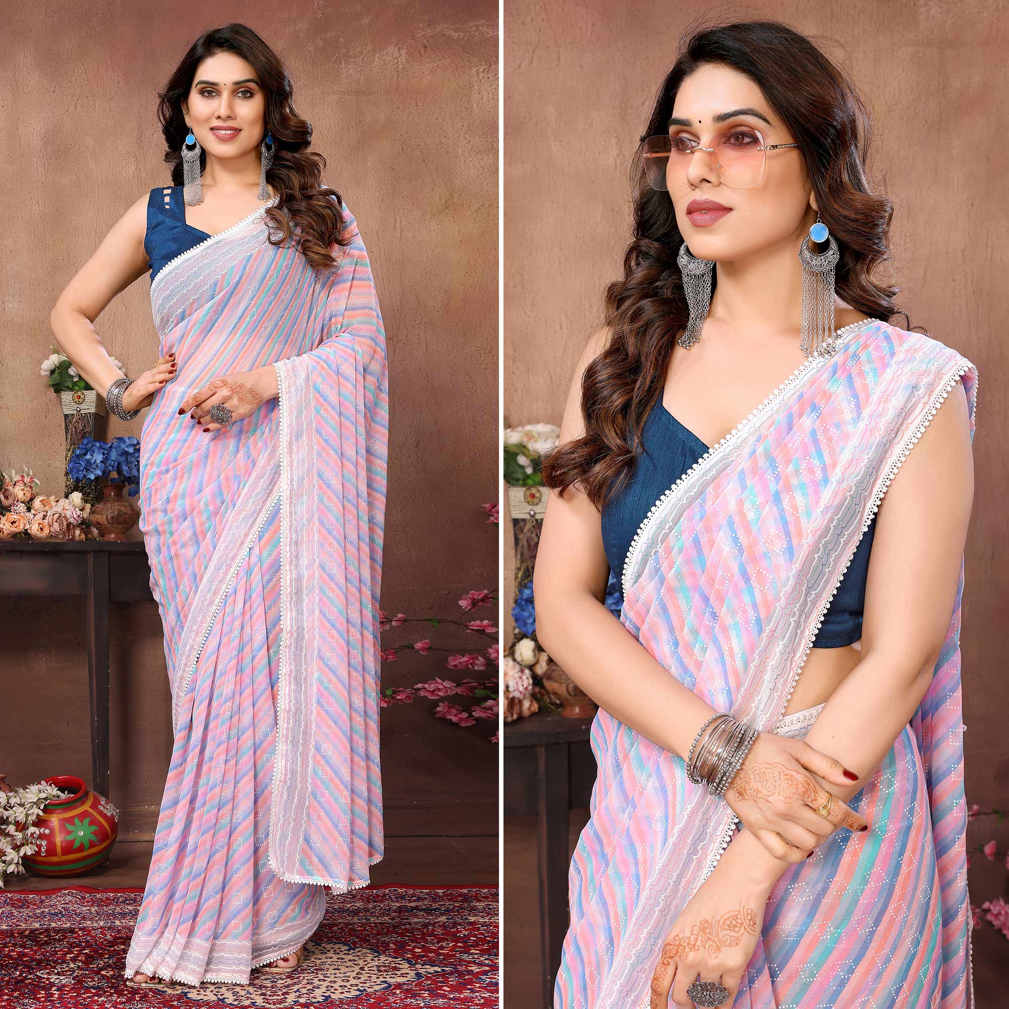 Peachmode Seller Lavender Printed Striped Printed Ready To Wear Georgette Saree