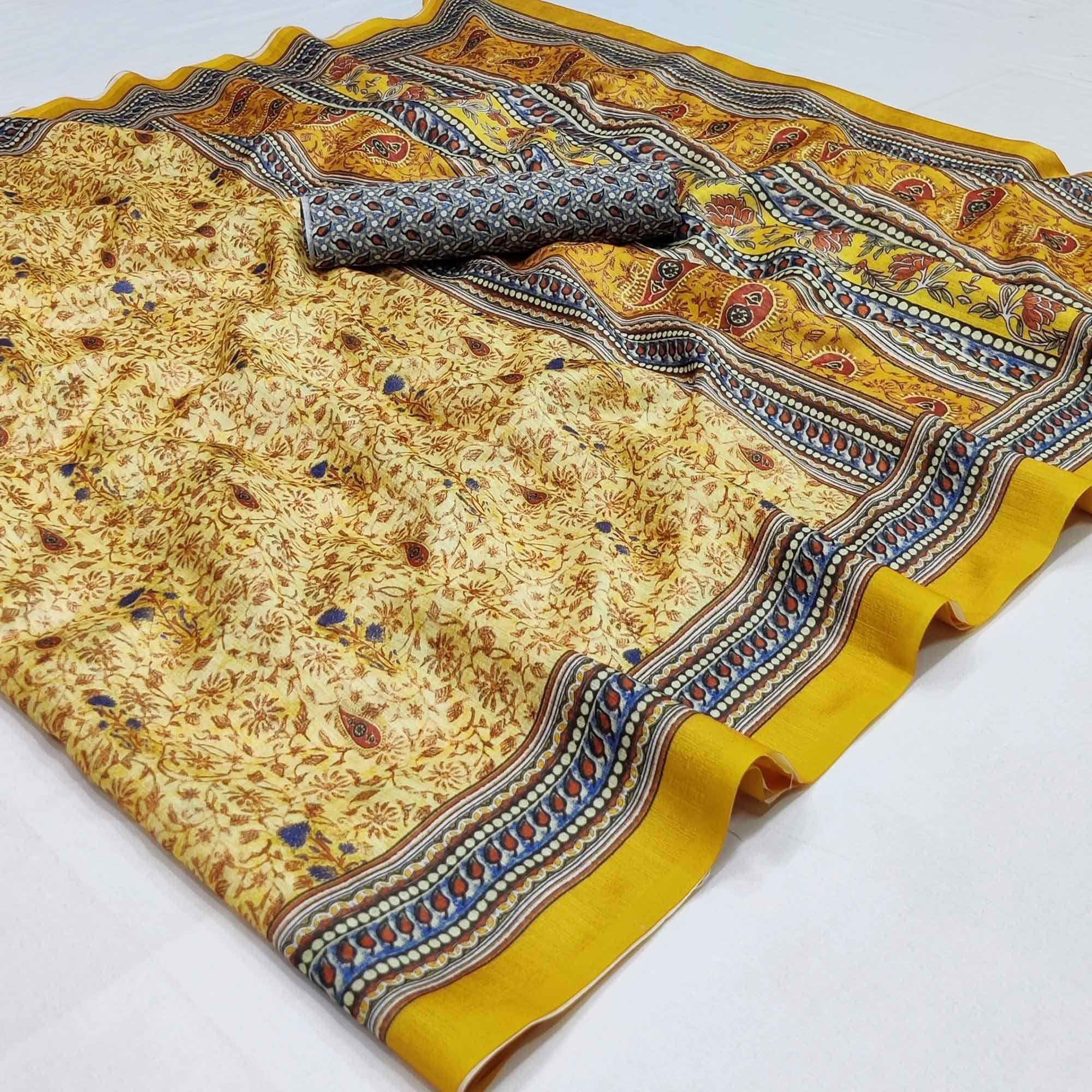 Peachmode Cream Floral Printed Pure Cotton Saree