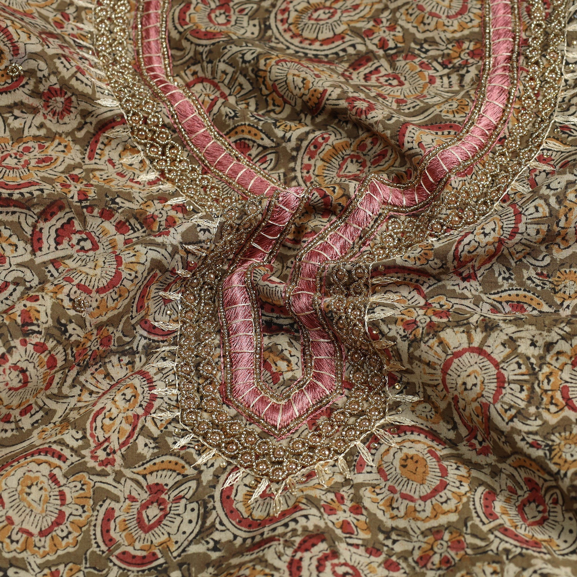 NOORI BAZAR Brown - Kalamkari Block Printed Thread & Bead Work Embroidered Cotton Kurta Material - 2.55 Meter - view 2
