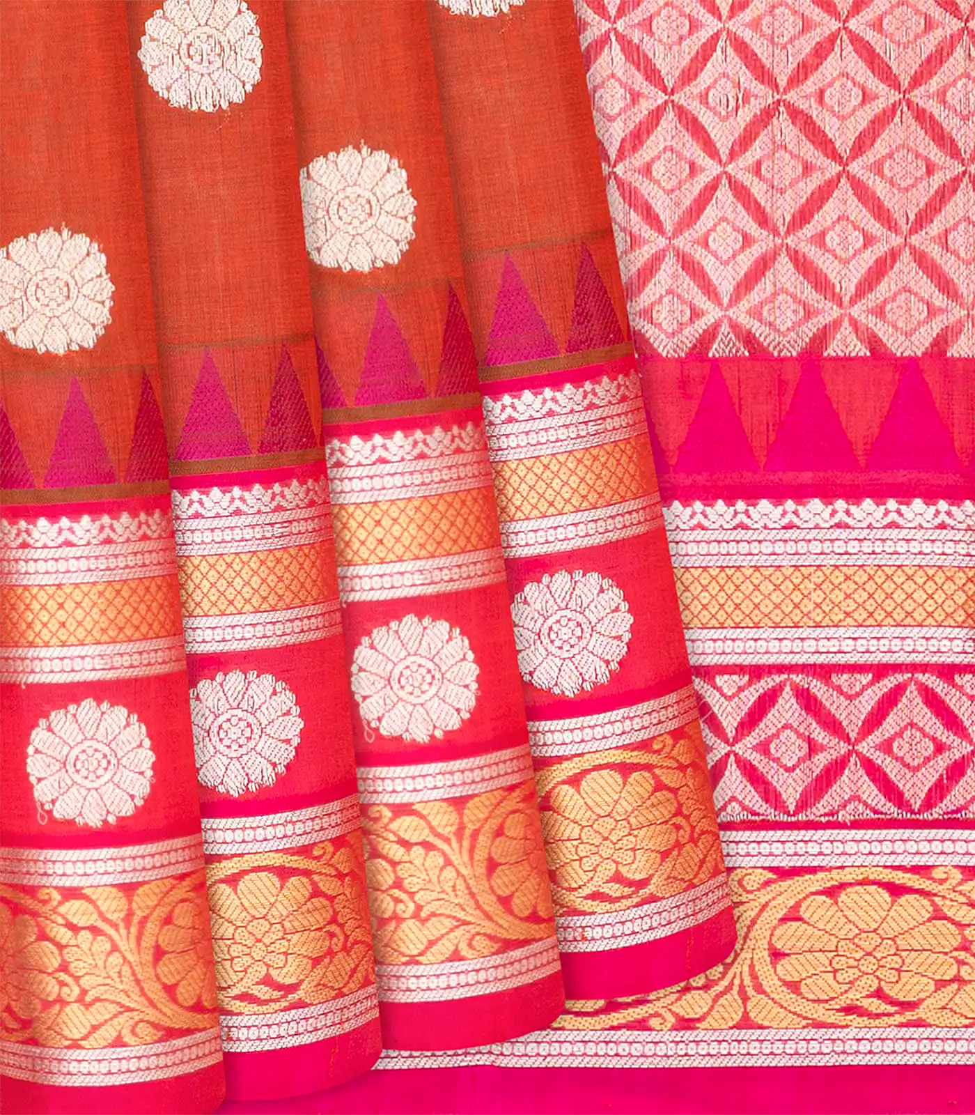RmKV Rust Handloom Chirala Silk Cotton With Pink Border-Rust