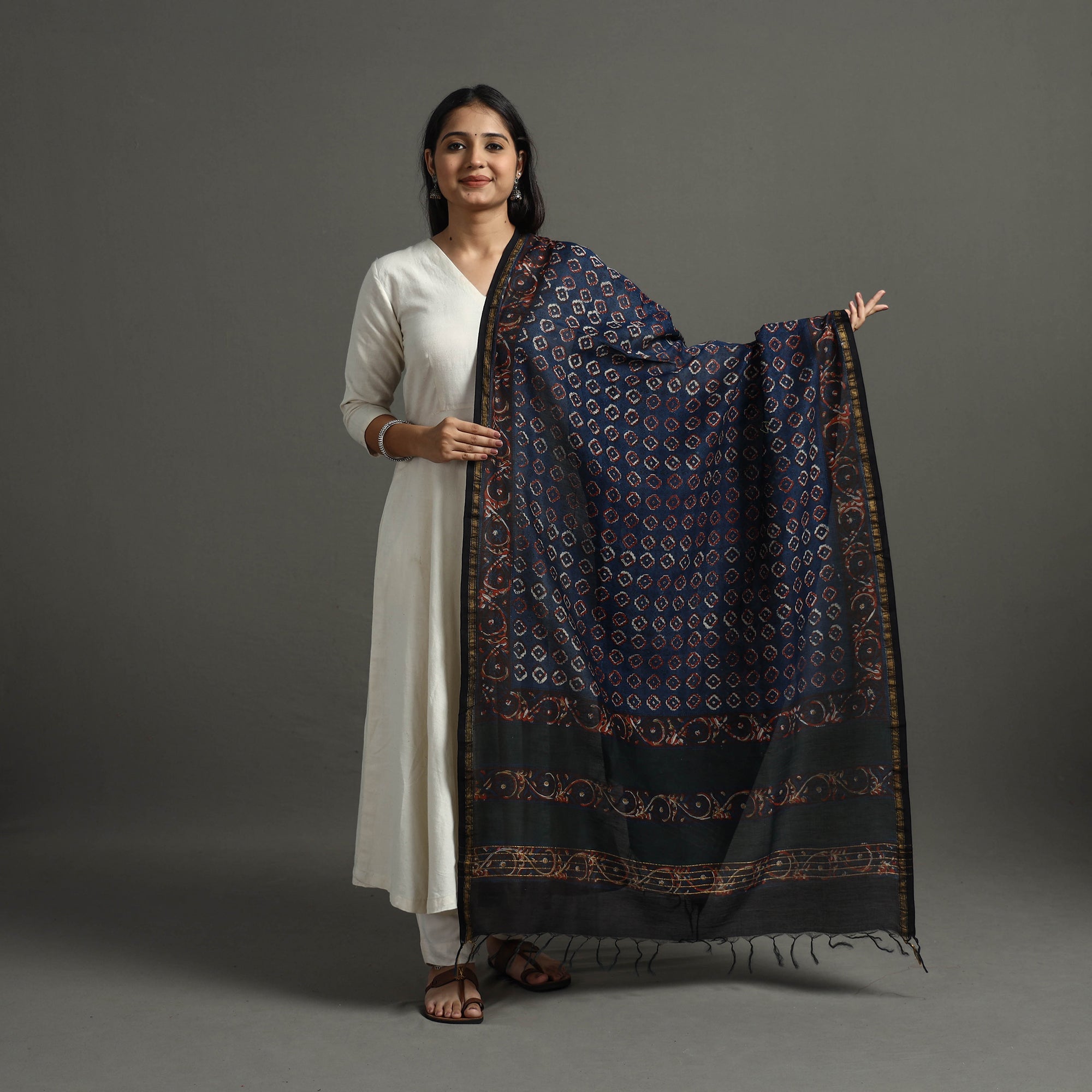 BAGRU DABU PRINTS Blue - Block Printed Chanderi Silk Bagru Dupatta 88