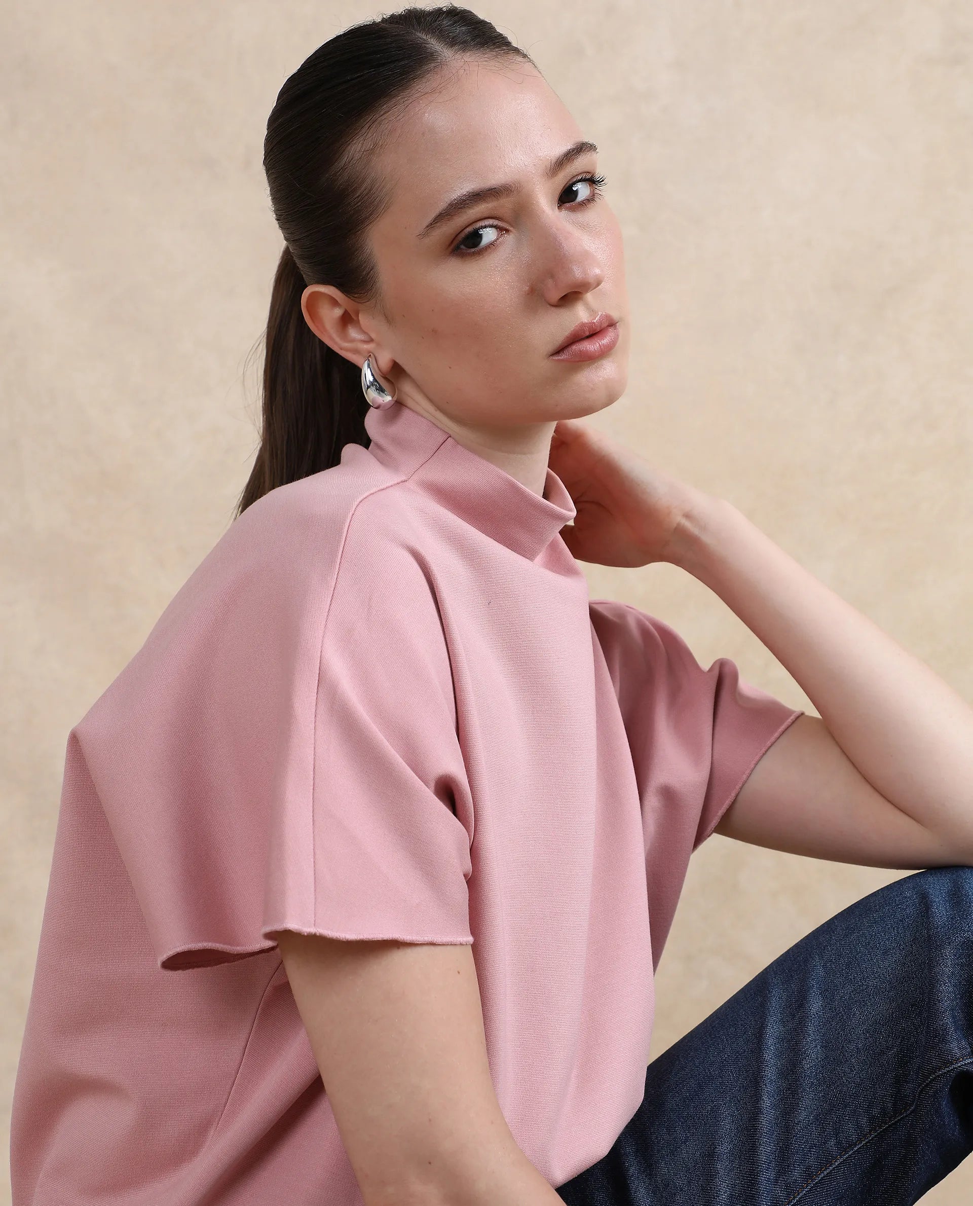 Rareism Women Worknet Pink Cotton Viscose Fabric Extended Sleeves High Neck Relaxed Fit Plain Top - view 3
