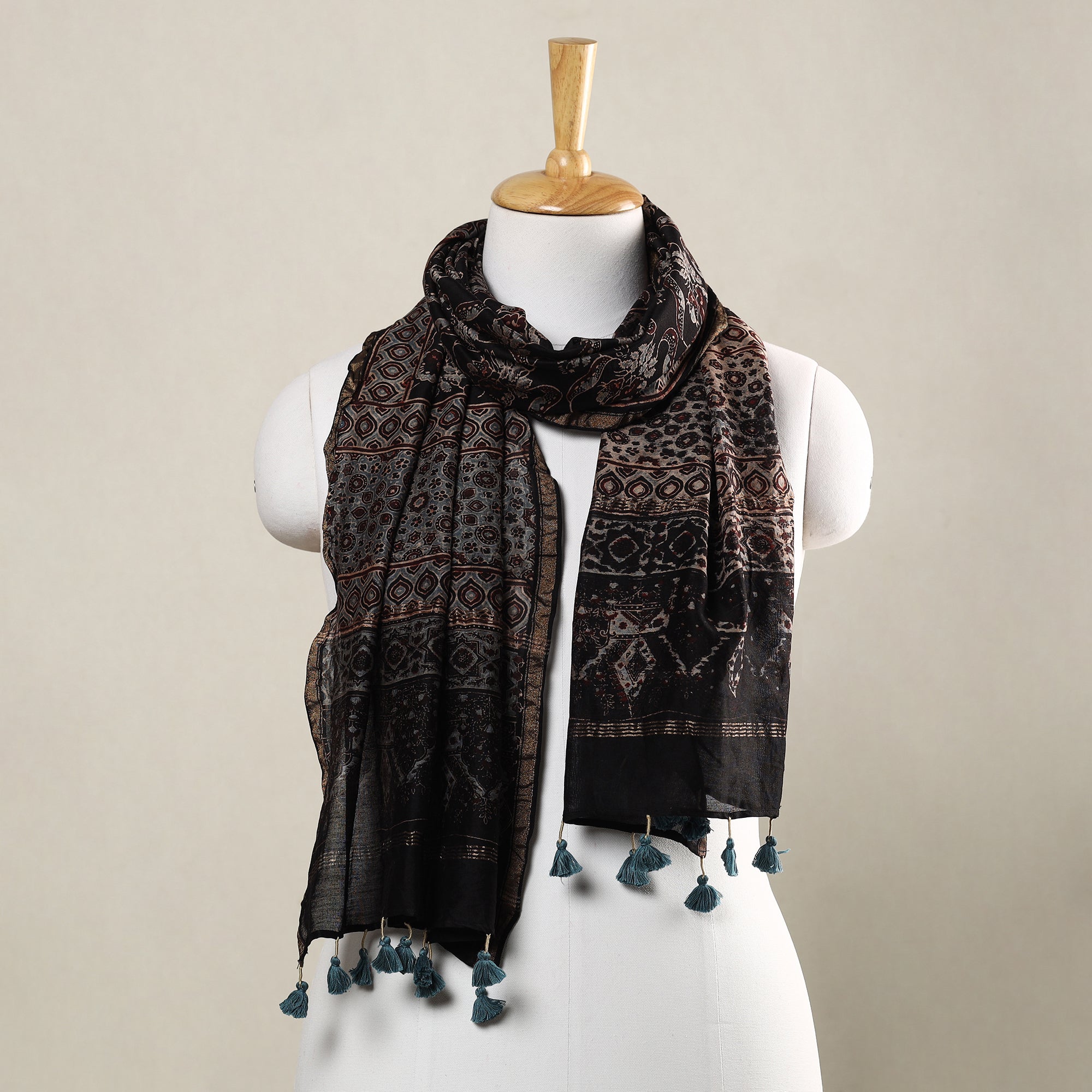 AJRAKH BY SUFIYAN ISMAIL KHATRI Black - Ajrakh Hand Block Printed Chanderi Silk Handloom Stole with Tassels