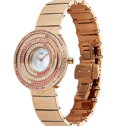 Titan Raga Glimmers Quartz Analog Mother of Pearl Dial Rose Gold Metal Strap Watch For Women 34.7mm 95344WM01F - view 3
