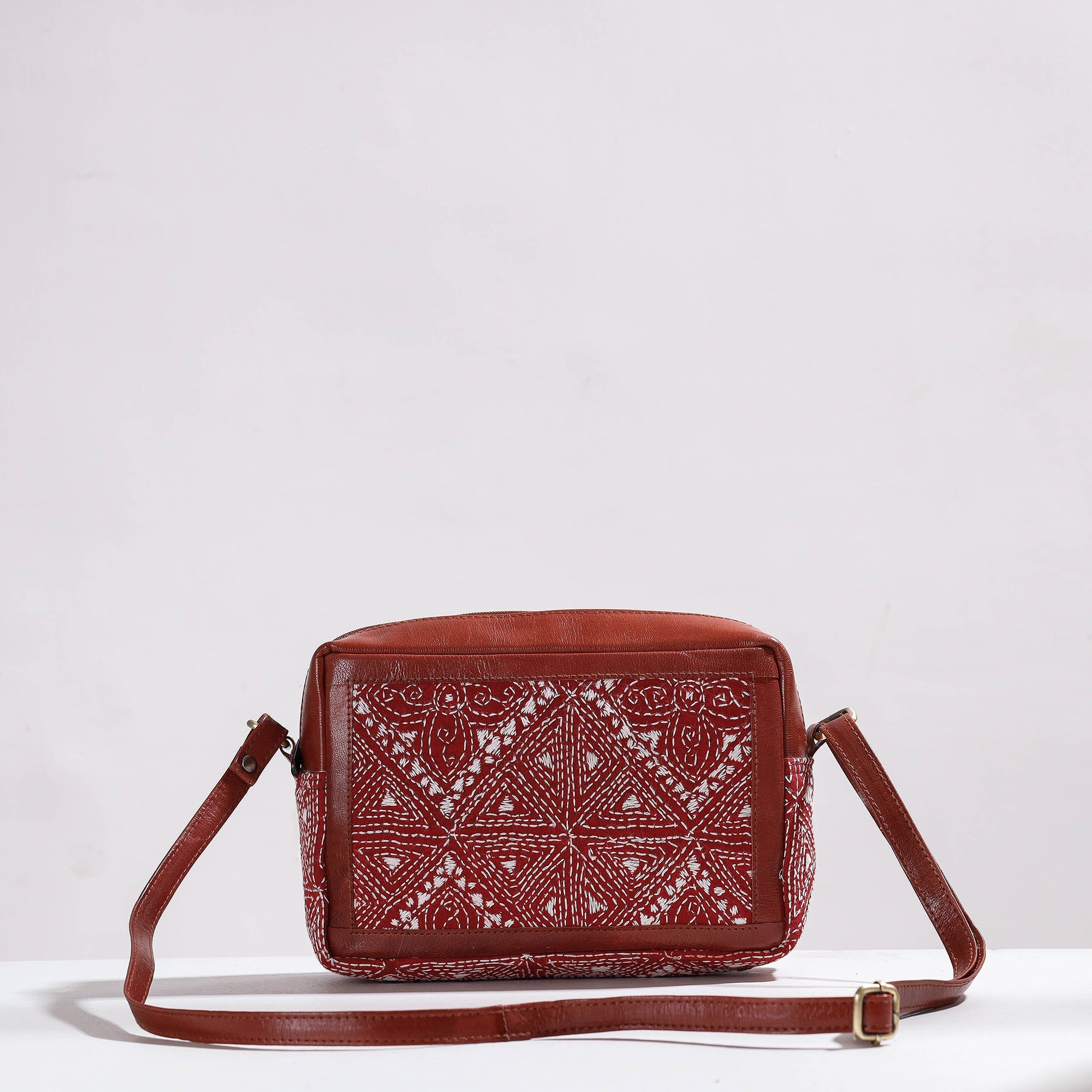 Cotton leather sling – ASALKAAR Brown - Handcrafted Kantha Embroidery Cotton & Leather Sling Bag