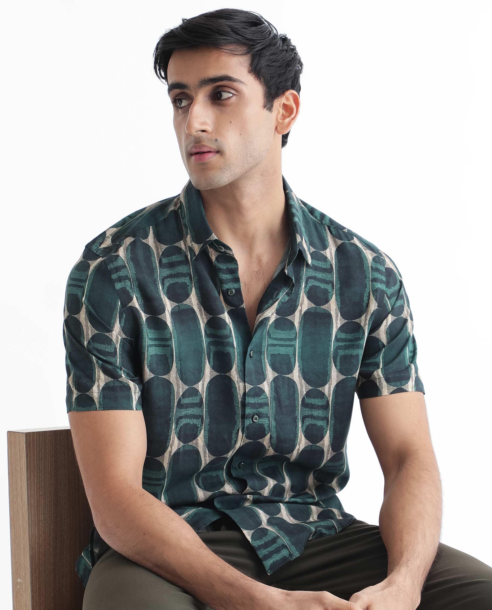 Rare Rabbit Men's York Dark Green Viscose Fabric Geometric Print Half Sleeves Shirt