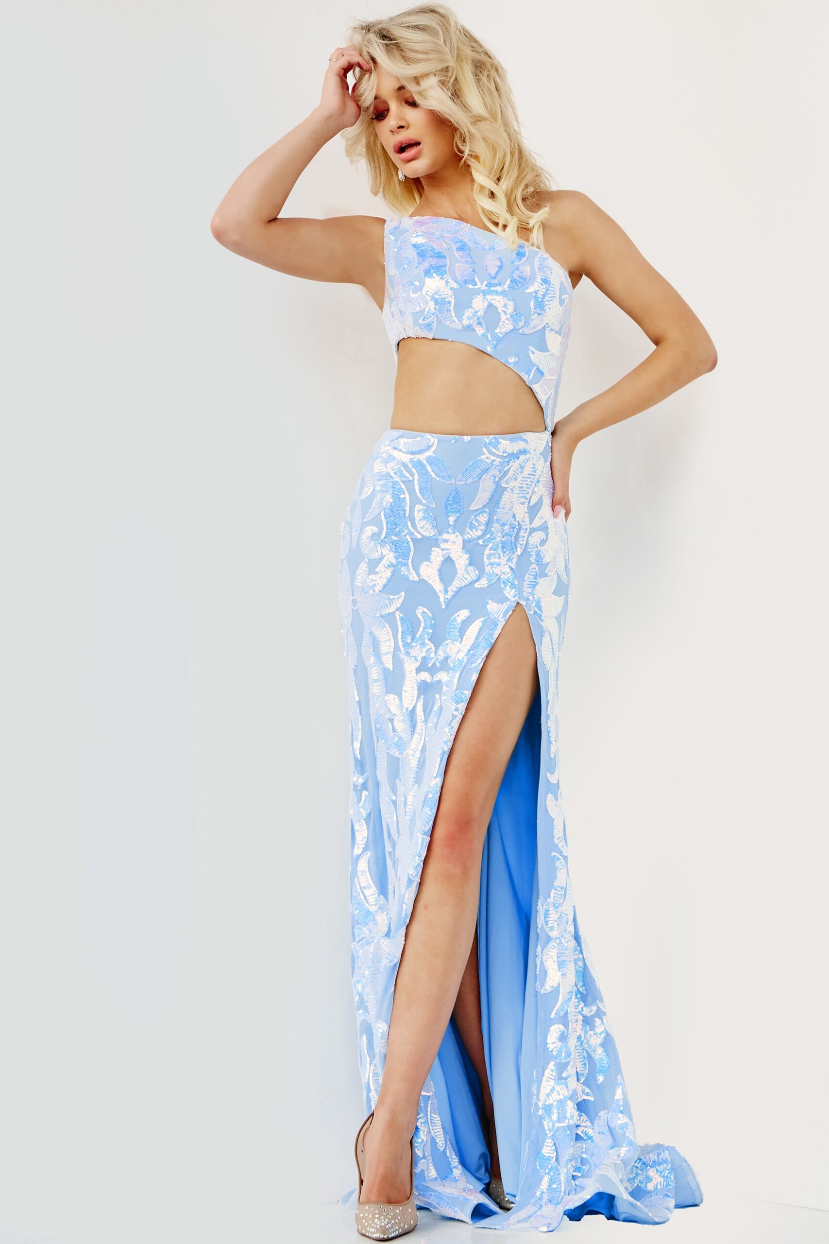 Sequin Fitted One Shoulder Slit Gown by Jovani 22853 - view 4