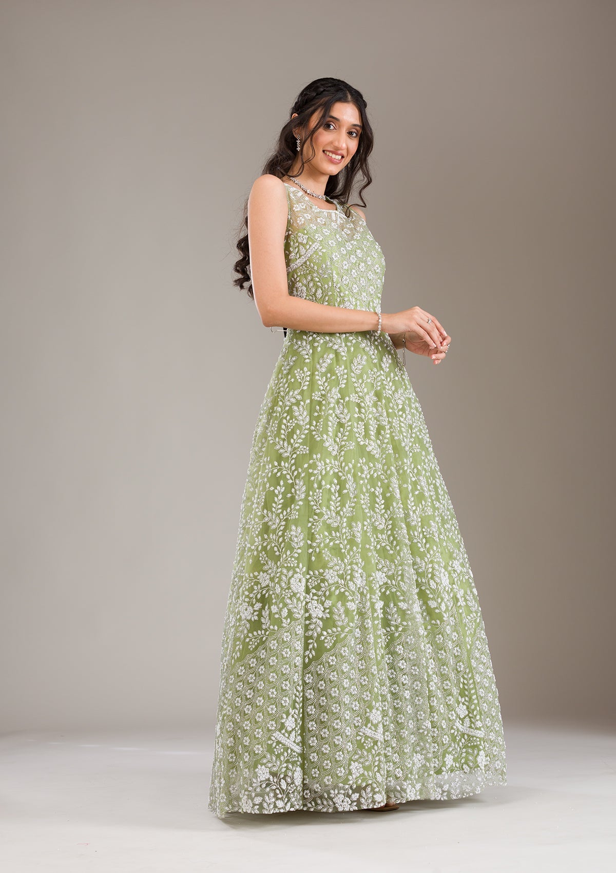 Koskii Pista Green Pearlwork Net Gown - view 6