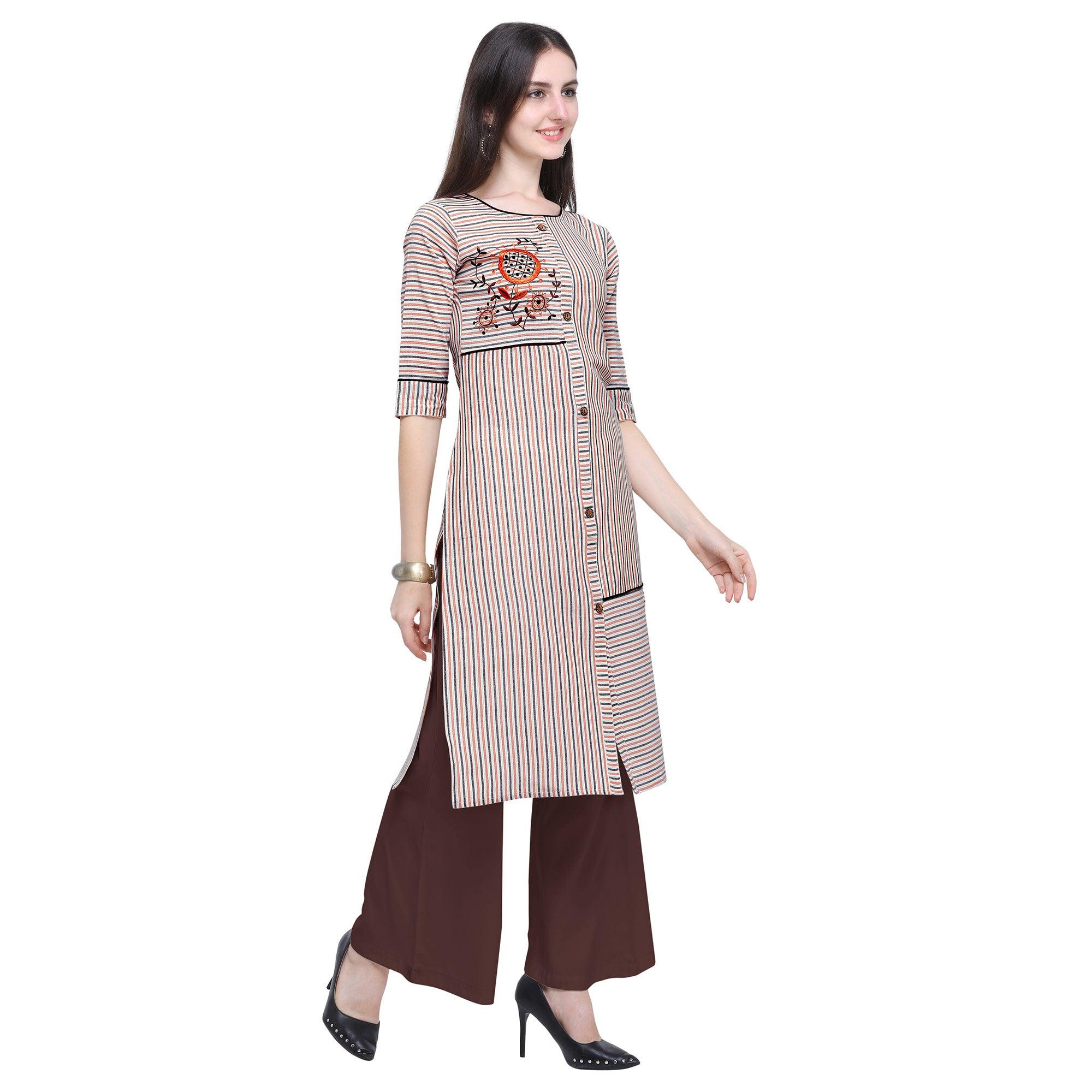 Peachmode Seller Desirable Off White Colored Casual Wear Embroidered Cotton Kurti-Palazzo Set - view 3