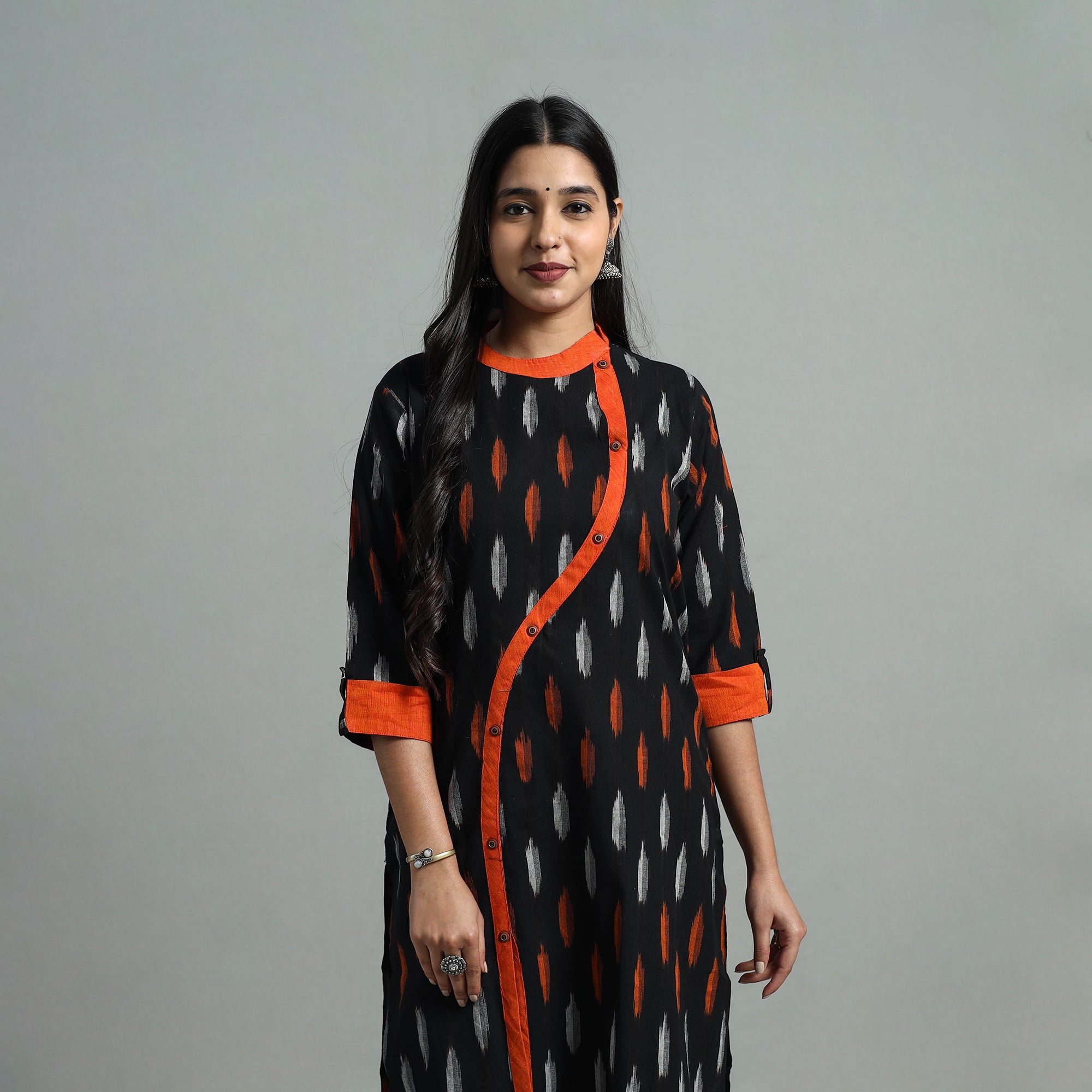 DARAM Black - Angrakha Cotton Straight Pochampally Ikat Kurta 13