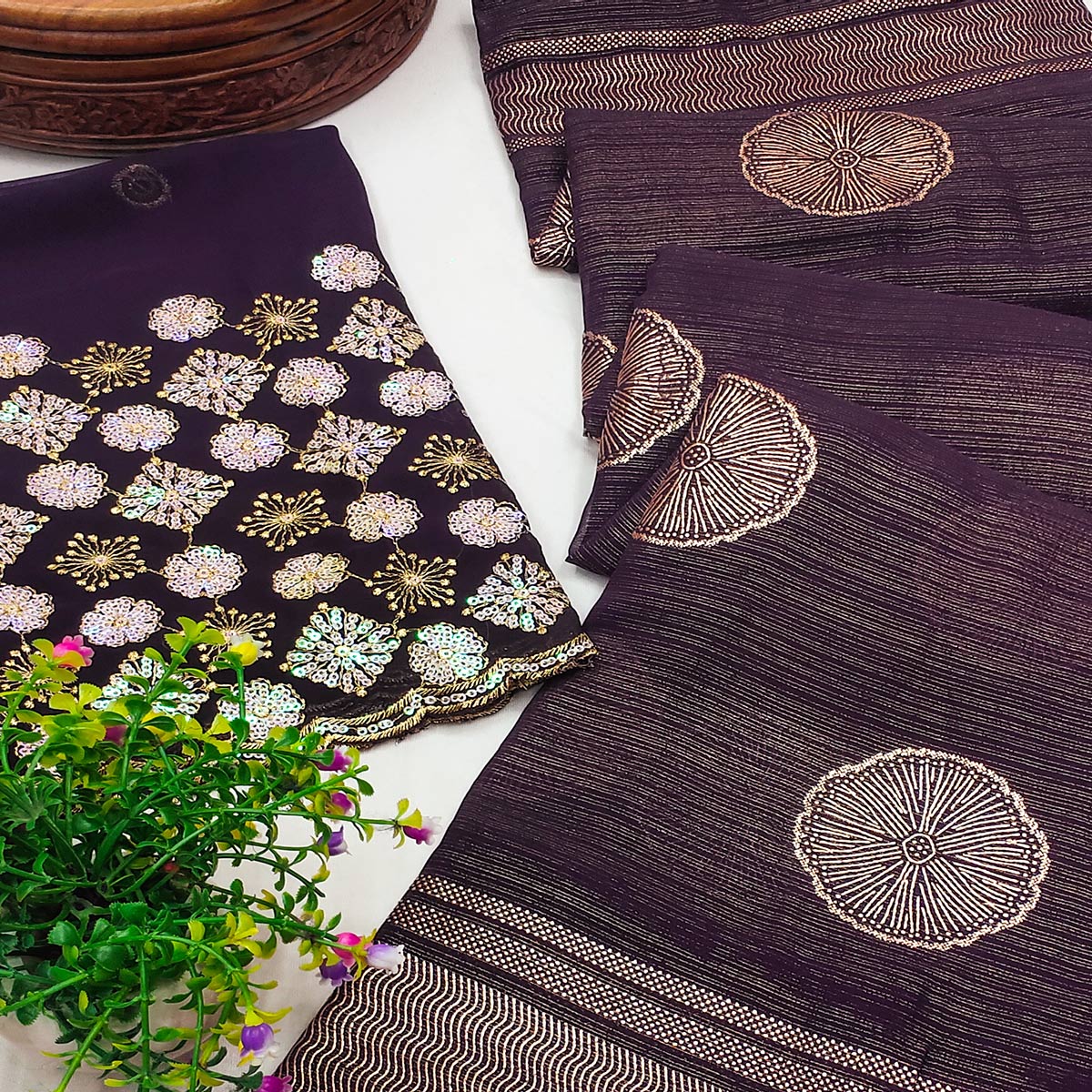 Peachmode Dark Purple Foil Printed Georgette Saree - view 2