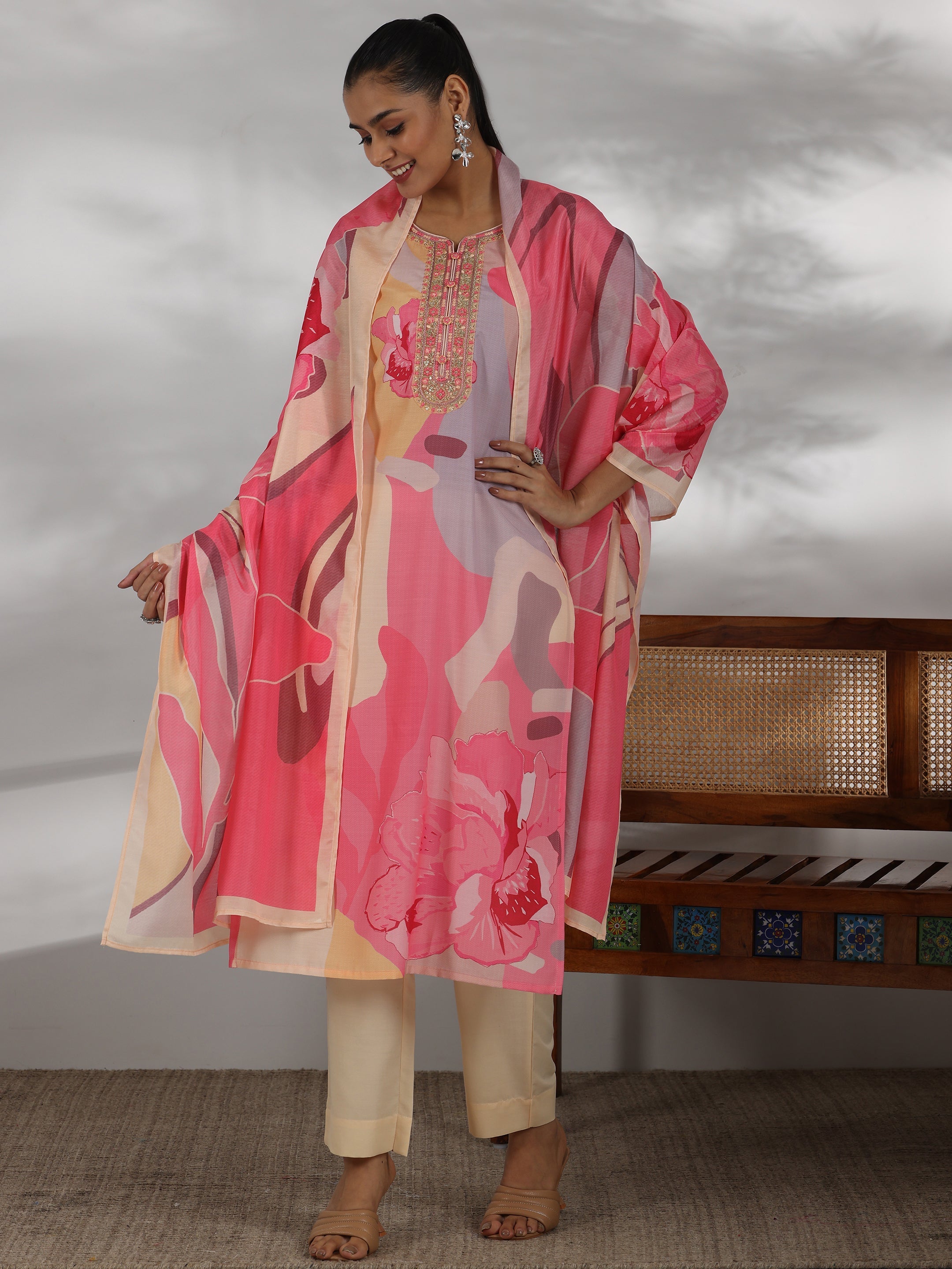 Libas Cream Printed Cotton Blend Straight Suit With Dupatta