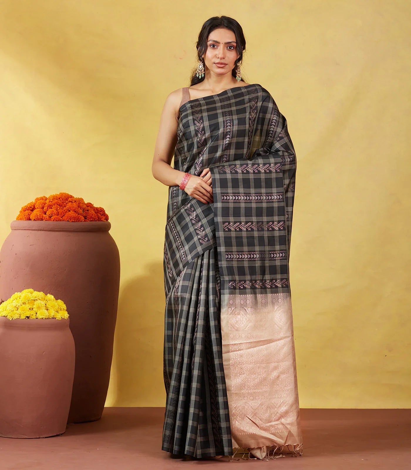 RmKV Black Soft Silk Saree With Floral Motifs & Zari Checks