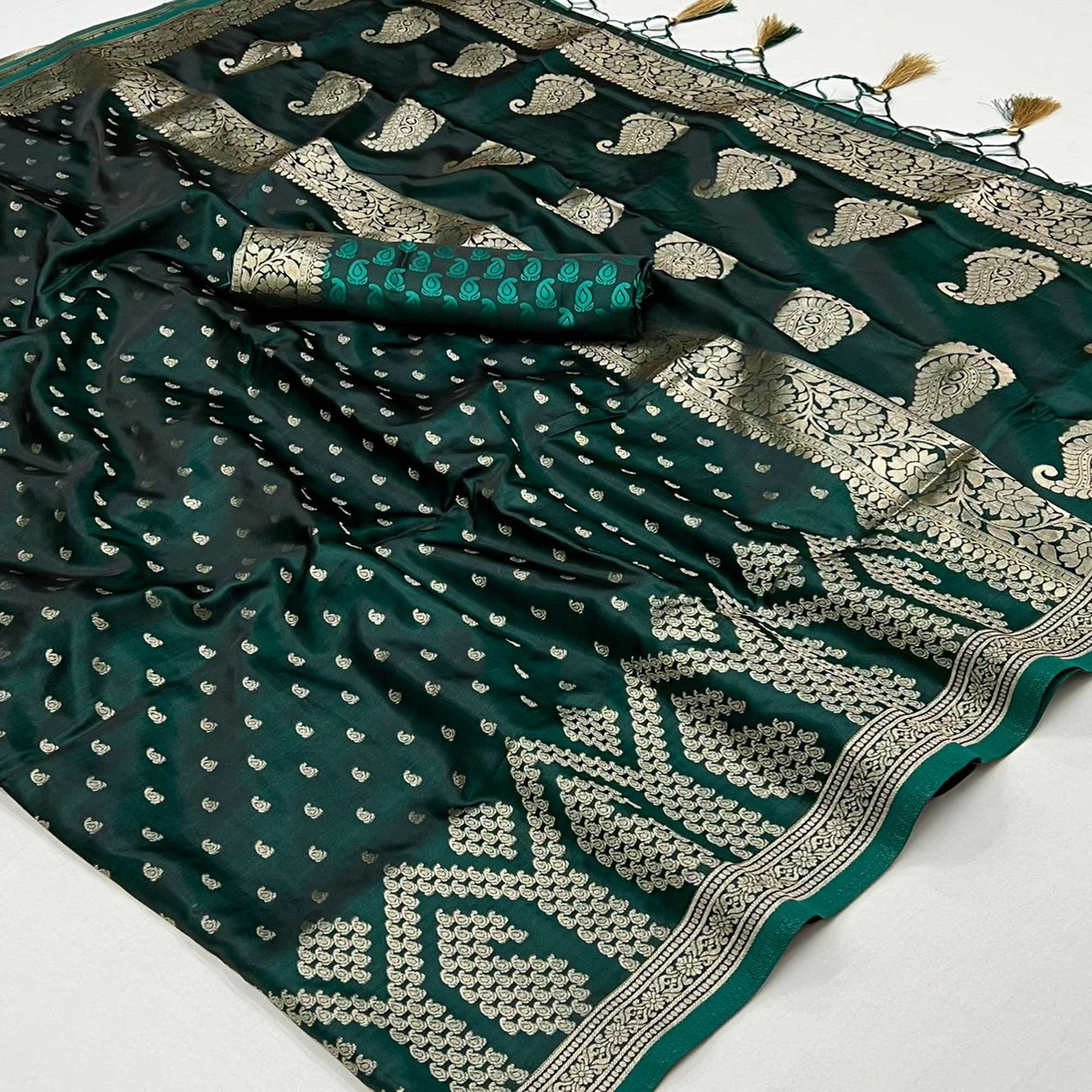 Peachmode Bottle Green Woven Satin Saree With Tassels
