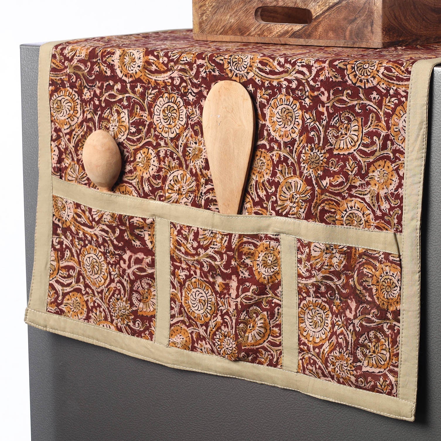 JALPARI Brown - Kalamkari Block Printed Cotton Fridge Top Cover with Multiple Pockets - view 2