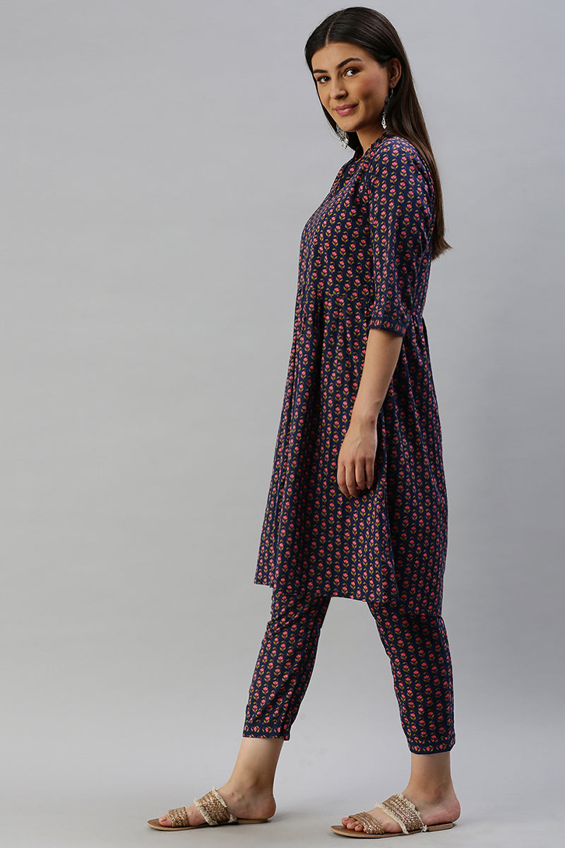 Ahika Cotton Navy Blue Floral Printed A Line Kurta Palazzo Set VKSET1136 - view 2
