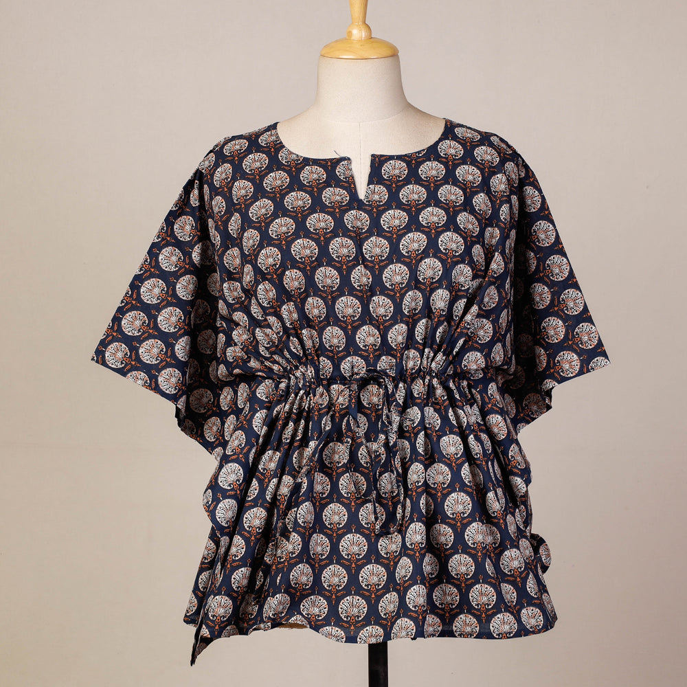 CHUTNEY CRAFT STUDIO Black - Hand Block Printed Cotton Kaftan with Tie-Up Waist (Short)