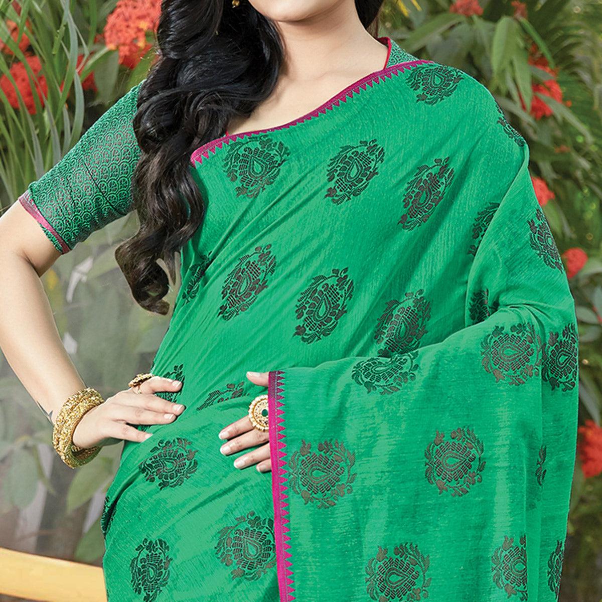 Peachmode Impressive Ocean Green Colored Festive Wear Woven Cotton Handloom Saree - view 2