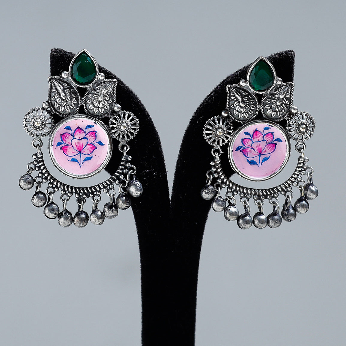 WHITE RIVER STORIES Antique Silver Finish Oxidised Brass Base Enamel & Stone Work Earrings - view 2