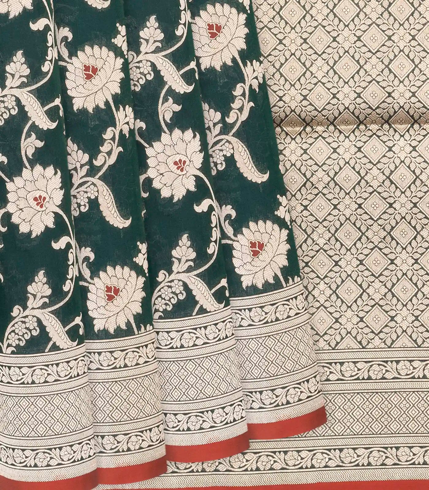 RmKV Bottle Green Handloom Banarasi Silk Saree With Floral Motifs-Bottle Green
