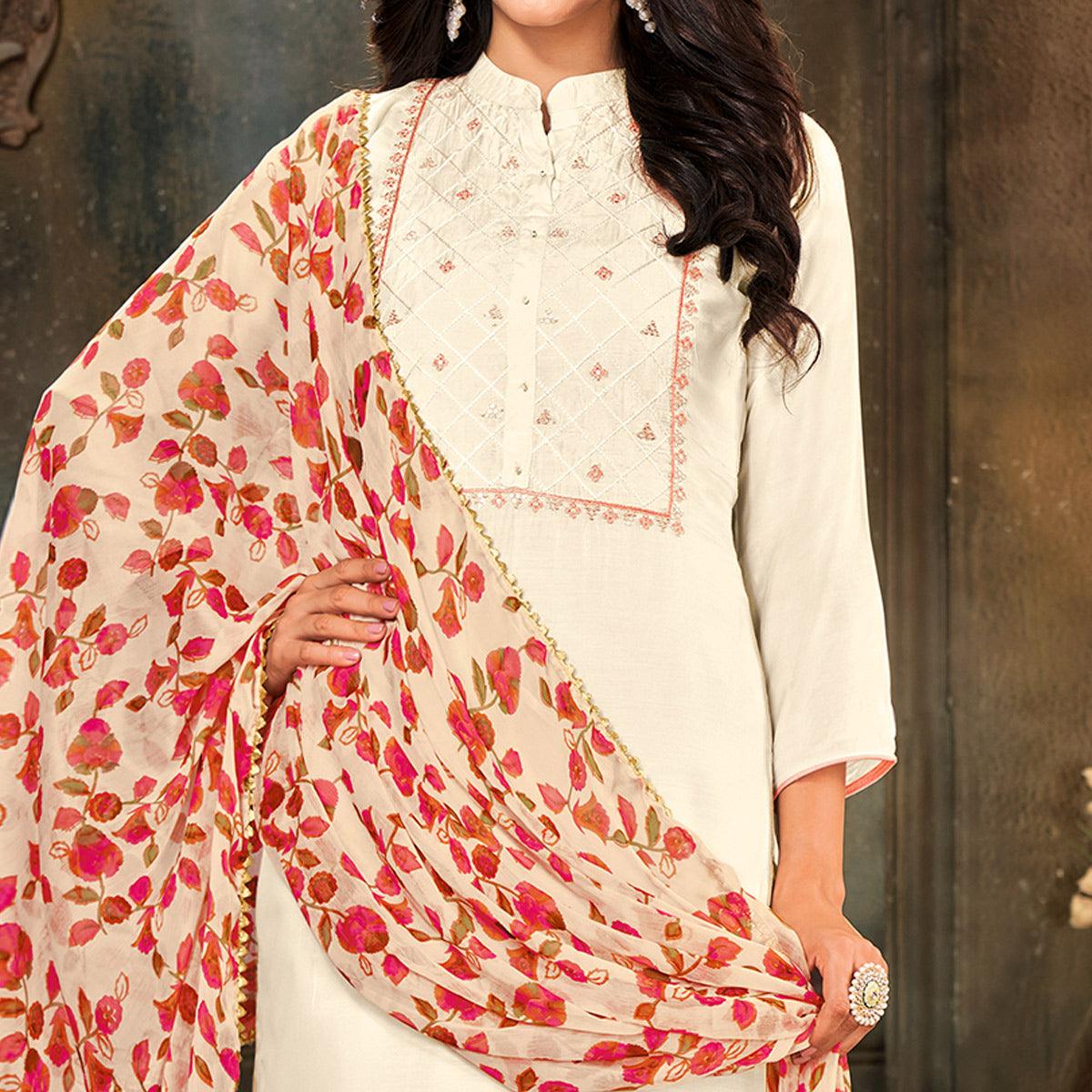 Peachmode Imposing Offwhite Colored Partywear Embroidered Chanderi Dress Material - view 2