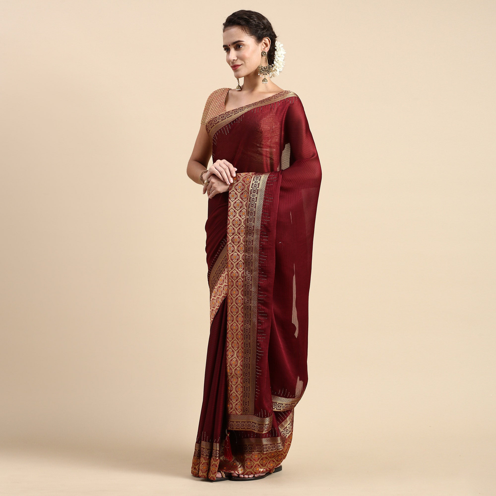 Peachmode Maroon Swaroski Work With Woven Border Satin Saree - view 2
