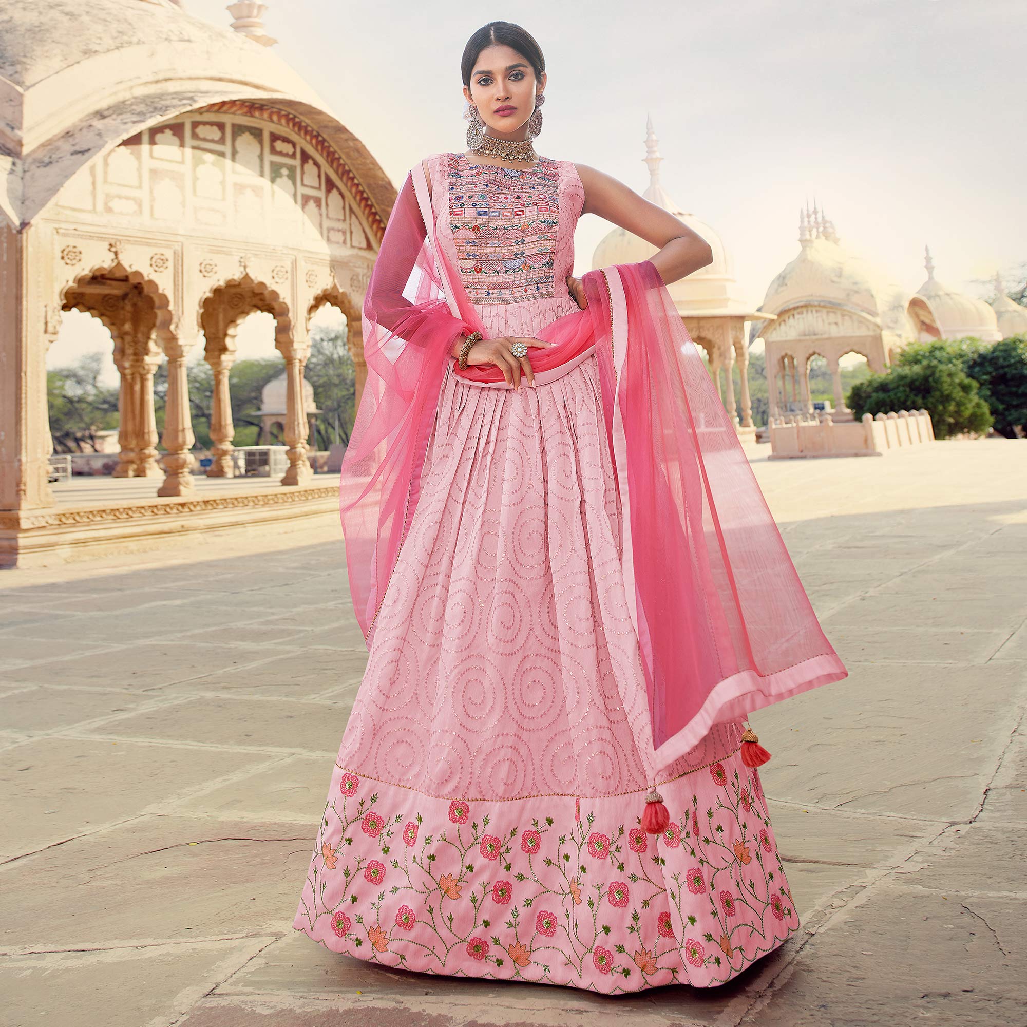 Peachmode Seller Light Pink Sequins Embroidered Raw Silk Gown - view 2