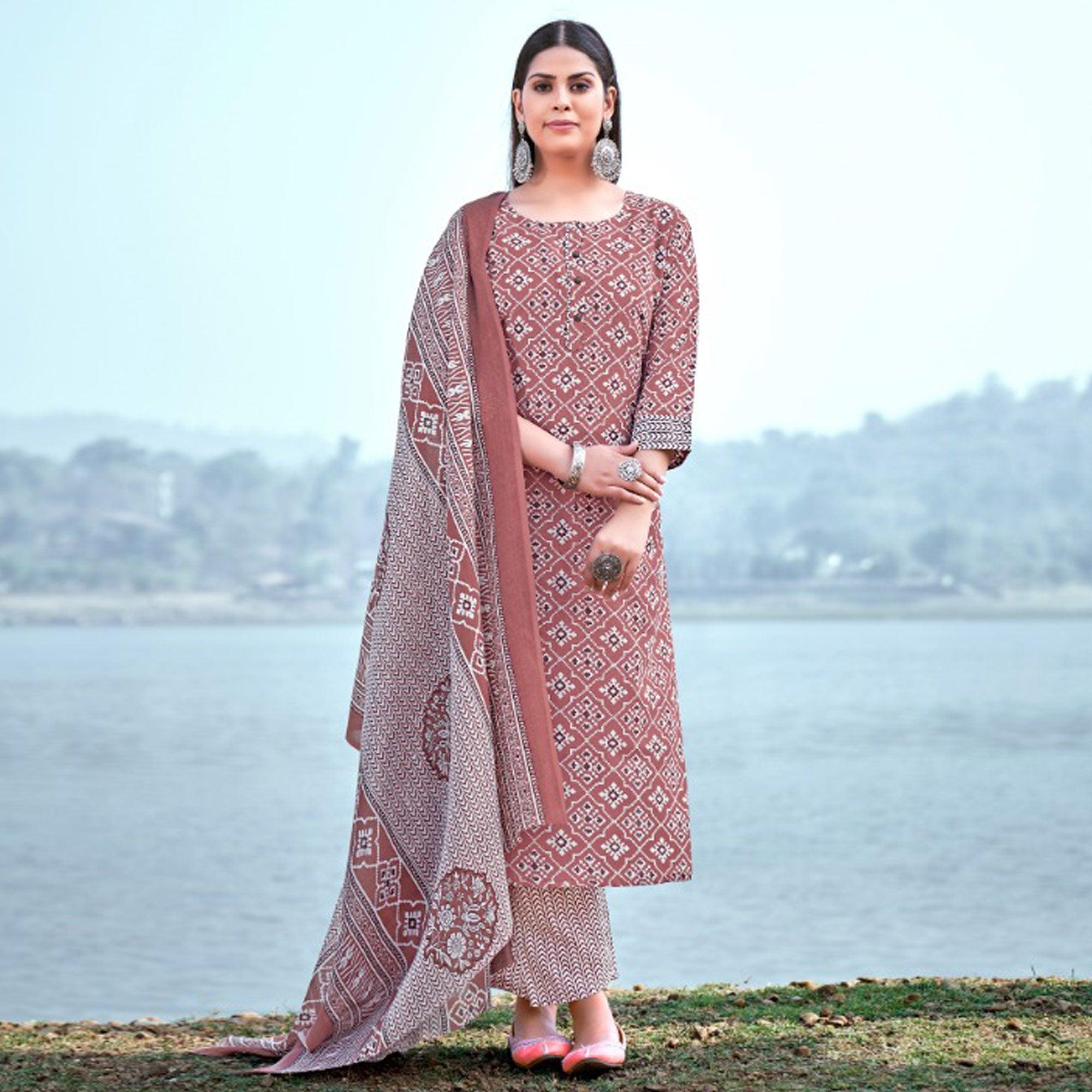 Peachmode Brown Floral Printed Pure Cotton Kurti Pant Set With Dupatta - view 2