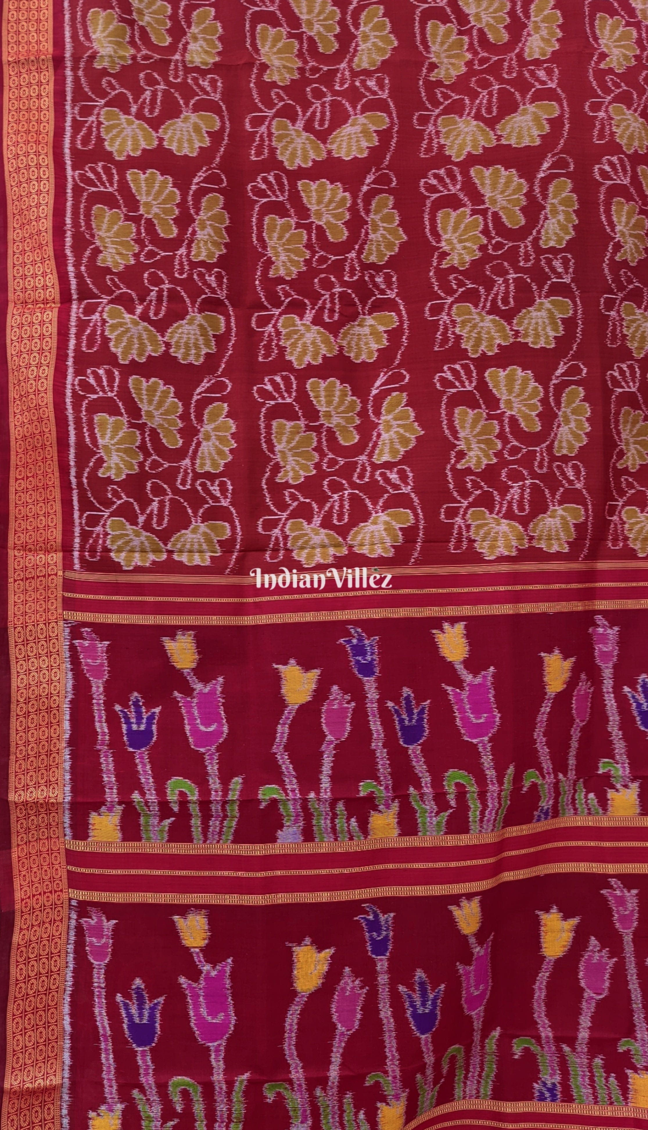IndianVillèz Brick Red Contemporary Floral Odisha Handloom Silk Saree with Lotus Pallu - view 3