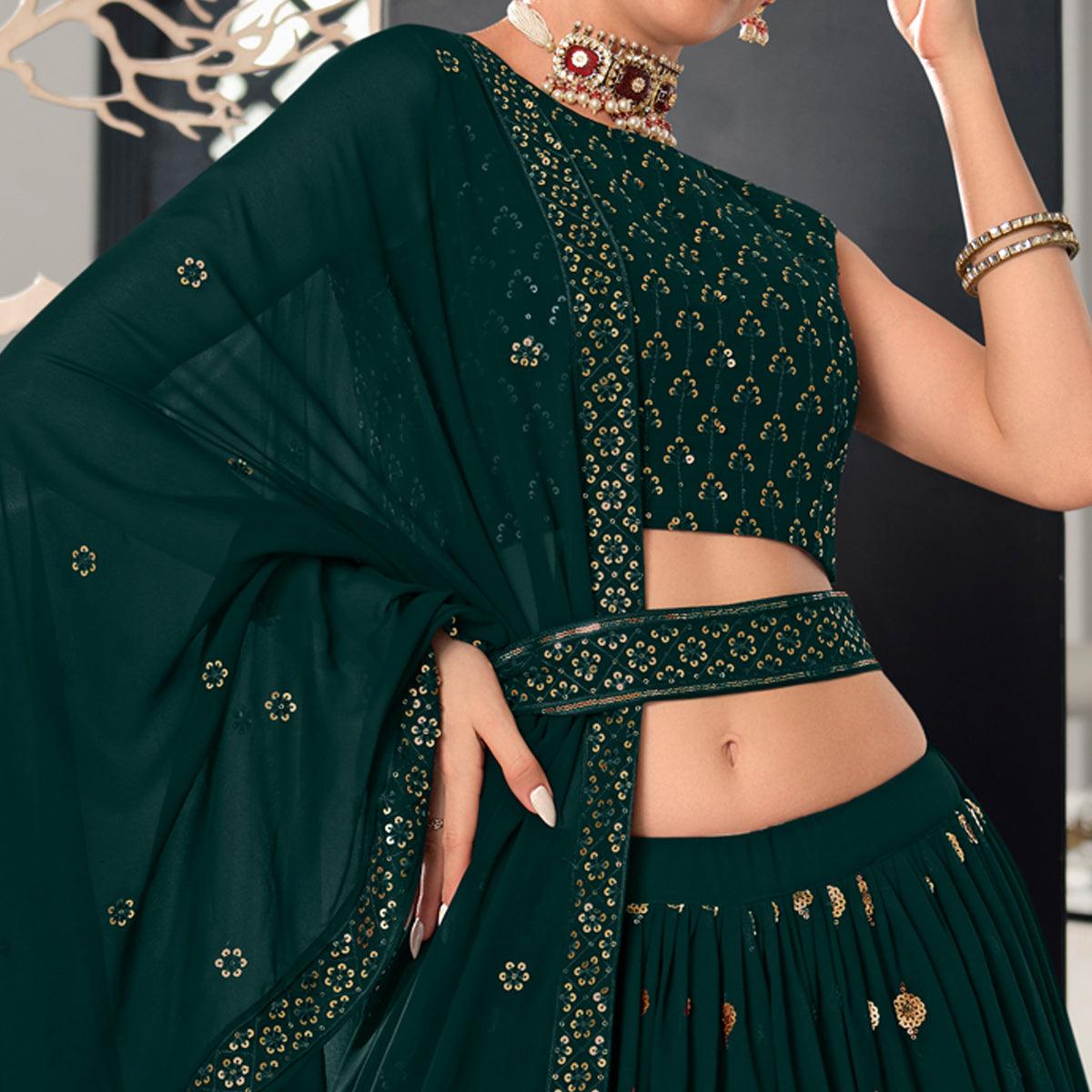 Peachmode Bottle Green Sequins Embroidered Georgette Lehenga Choli - view 3