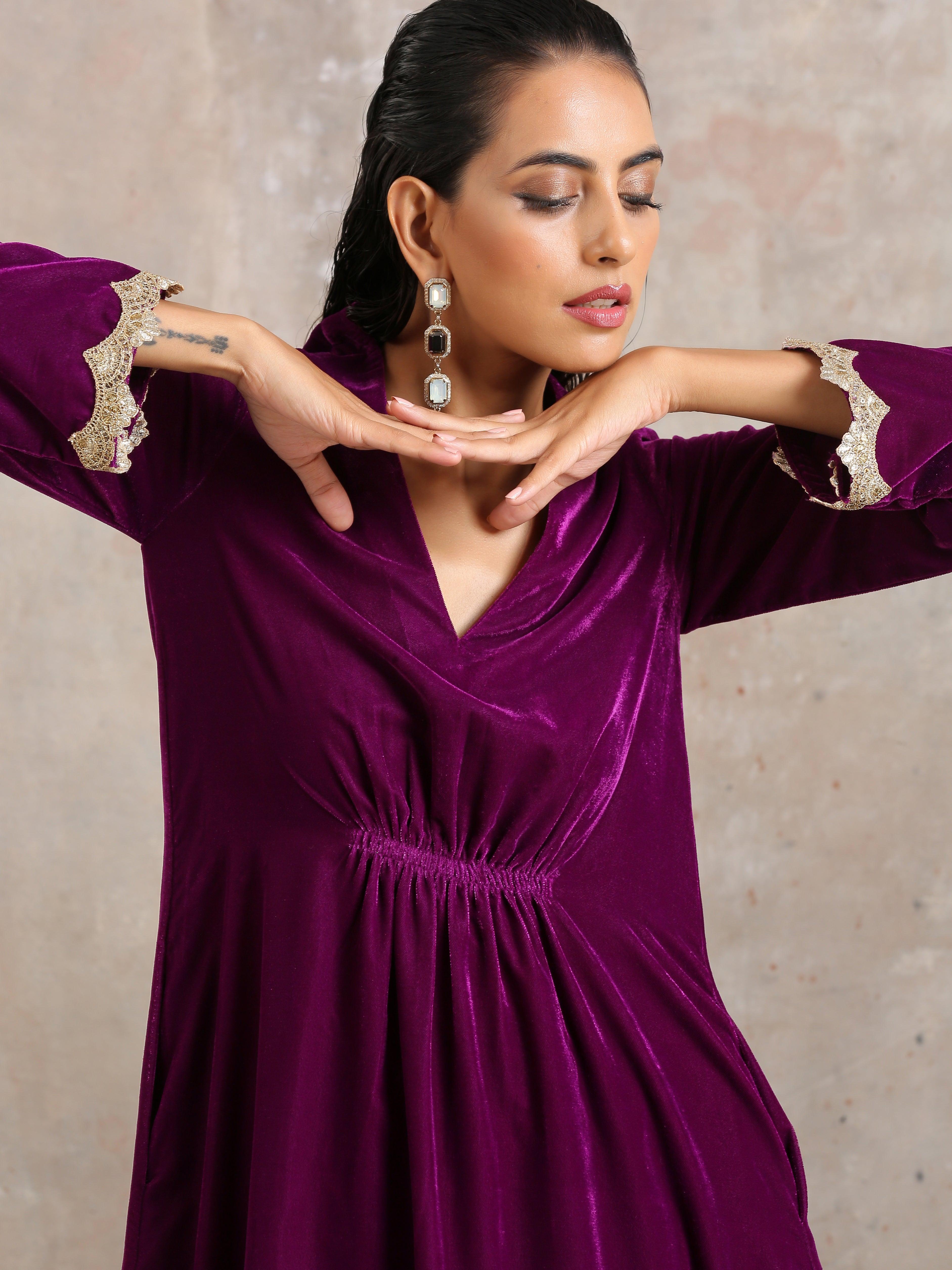 Wine Velvet Lace Kurta Pant Set | Relove - view 9